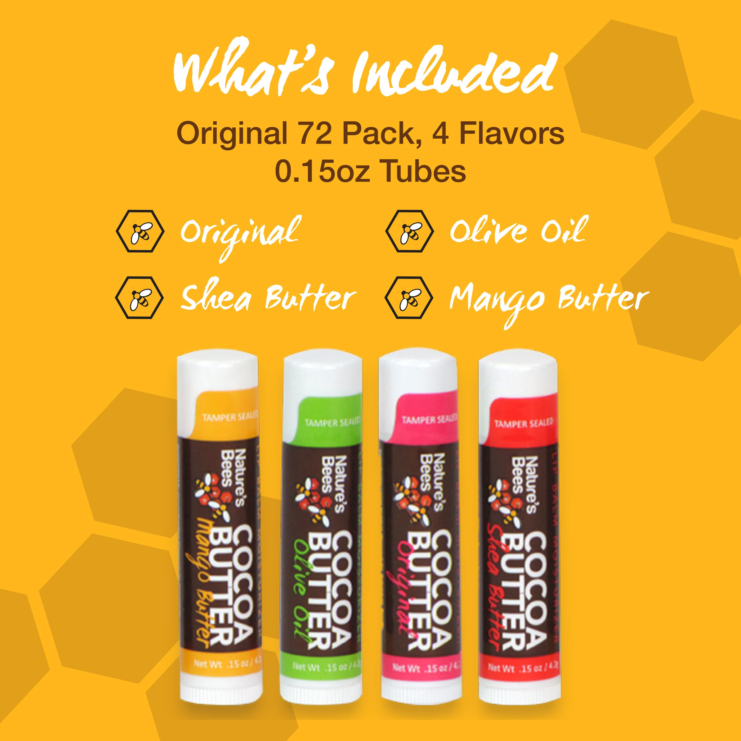 Nature's Bees Cocoa Butter Lip Balm - 72 Pack Variety Assortment (Original, Olive Oil, Mango Butter, Shea Butter) | Moisturizing Lip Treatment for Dry, Chapped Lips | Perfect for Daily Use, Travel, Gifts & Winter Care