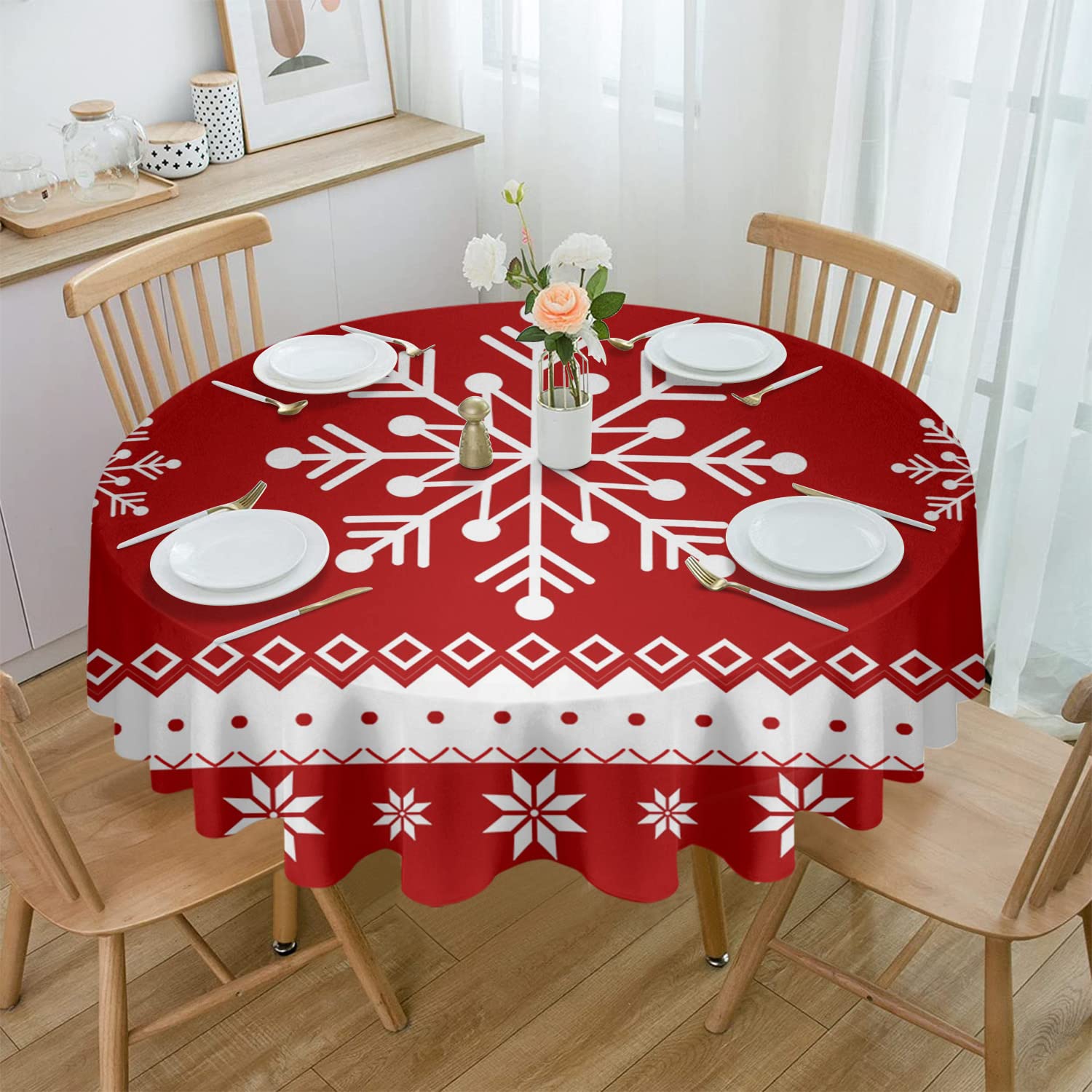 Waterproof Round Tablecloth with Christmas Snowflakes & Abstract Geometric Pattern - Oil-Proof, Washable Red Dining Table Cover for Kitchen, Holiday Party & Winter Celebrations