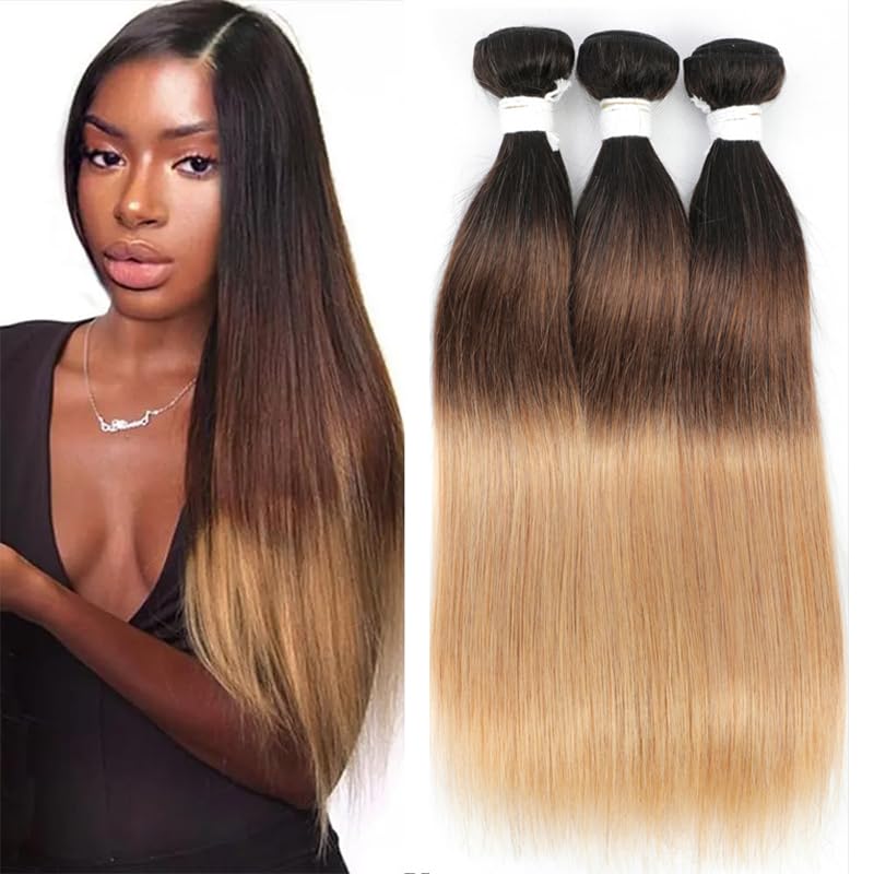 Ombre Straight Hair Extensions 3 Bundles (14/16/18 Inch) 100% Virgin Human Hair Weaves for Natural Look | Perfect for Daily Styling, Parties & Special Occasions