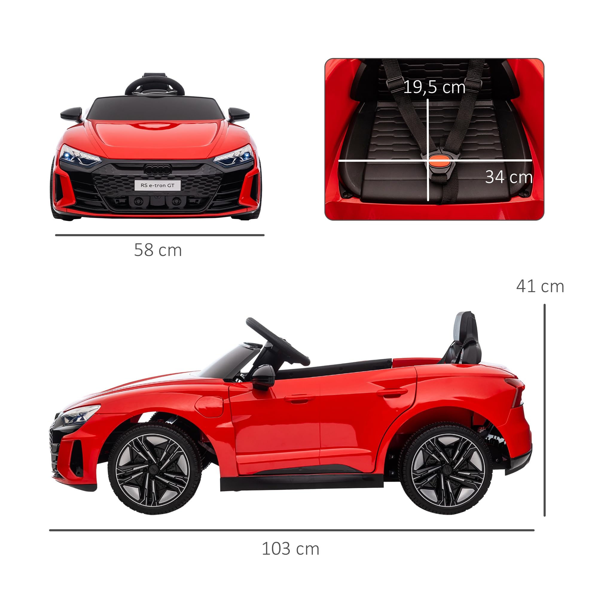 HOMCOM Electric Ride-On Car for Kids 3+ Years, Audi RS e-Tron GT 12V Battery-Powered Car with Remote Control, LED Lights, Horn, Music USB & Door Opening, 3-5 km/h, Red - Perfect for Outdoor Play, Birthday Gifts & Family Fun