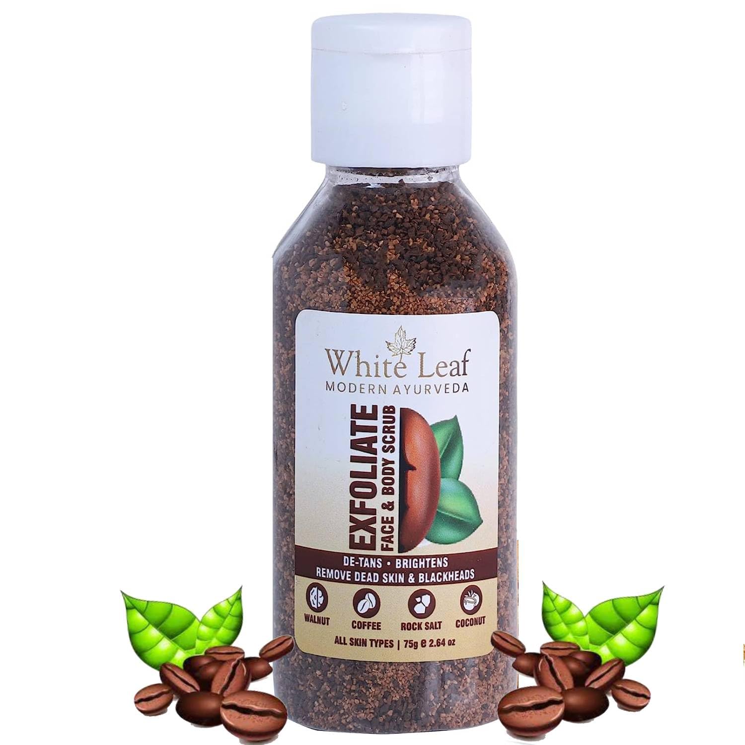 Exfoliating Coffee Body Scrub with Walnut, Rock Salt & Coconut Oil - 75g Natural Vegan Skincare for Tan Removal & Skin Brightening (Face, Neck, Elbows, Knees) | Perfect for Post-Workout, Spa Day & At-Home Self Care Routine