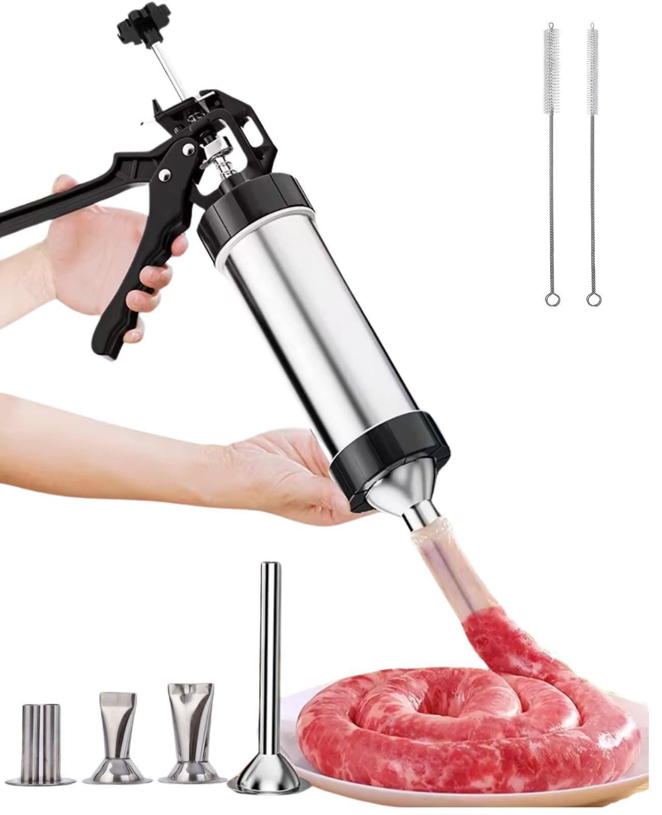 Premium Stainless Steel Jerky Gun & Sausage Stuffer Kit - Heavy Duty Meat Processing Tool with 5 Nozzles & 2 Brushes for Homemade Jerky, Sausages - Perfect for Camping, BBQ, Outdoor Cooking & Home Kitchen Use