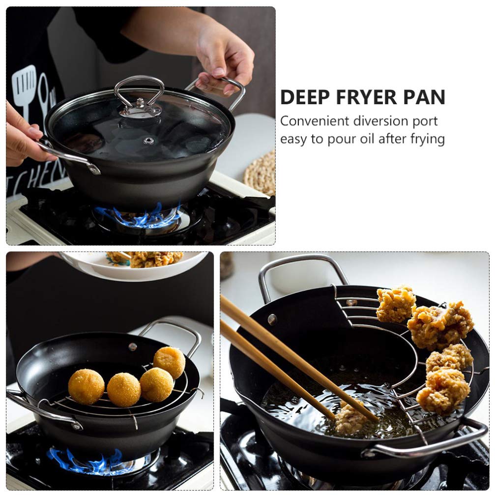 Carbon Steel Deep Fryer Pan with Drainer Rack - Portable Tempura Frying Pot for Home & Restaurant Use - Perfect for Fried Chicken, Donuts & Vegetables