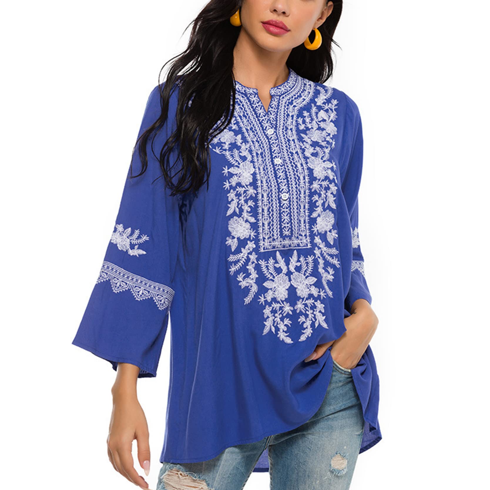 Traditional Mexican Embroidered Peasant Tops for Women | Plus Size Vintage Floral Tunic Shirts with Handmade Flowers Embroidery | Boho Chic Blouses for Casual Wear, Festivals & Vacations