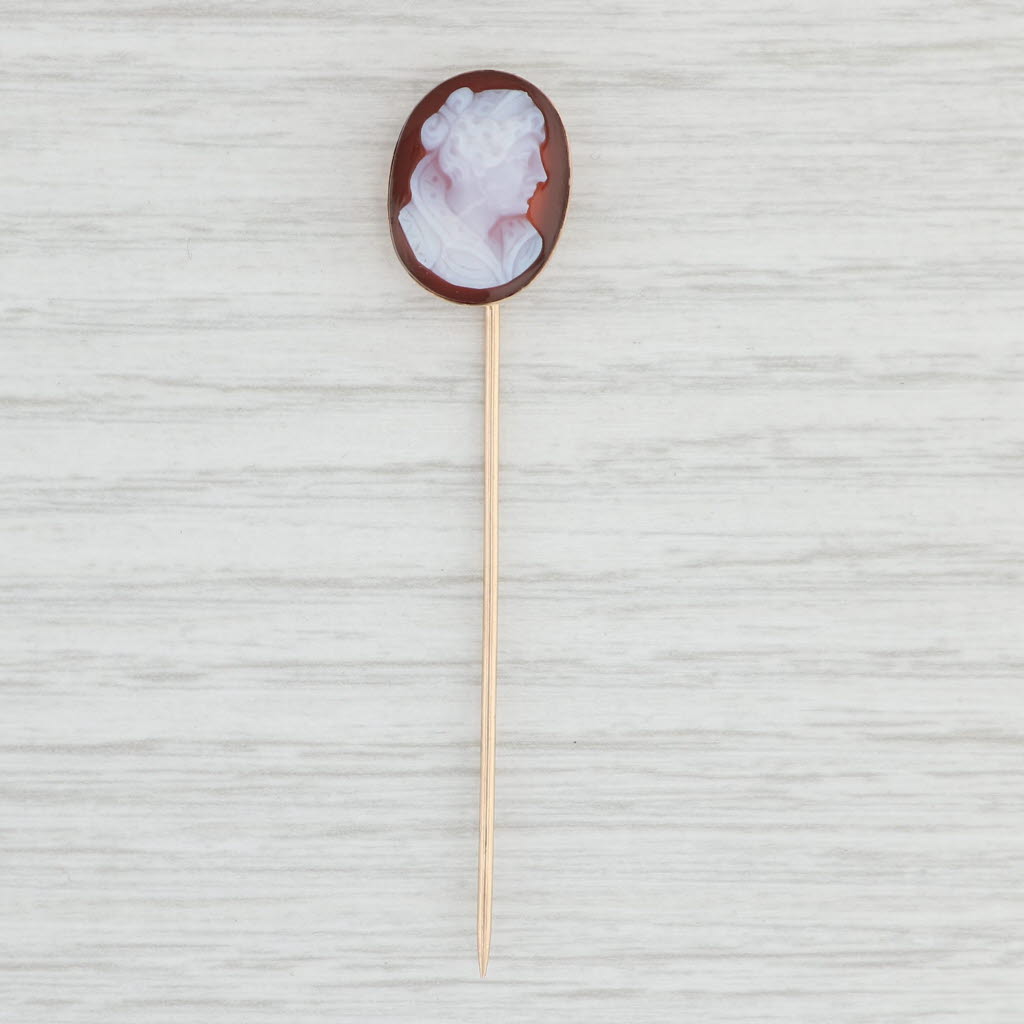 10k Yellow Gold Antique Cameo Stickpin - Hand Carved Chalcedony Brooch for Vintage Jewelry Collectors | Perfect for Weddings, Special Occasions & Gift Giving