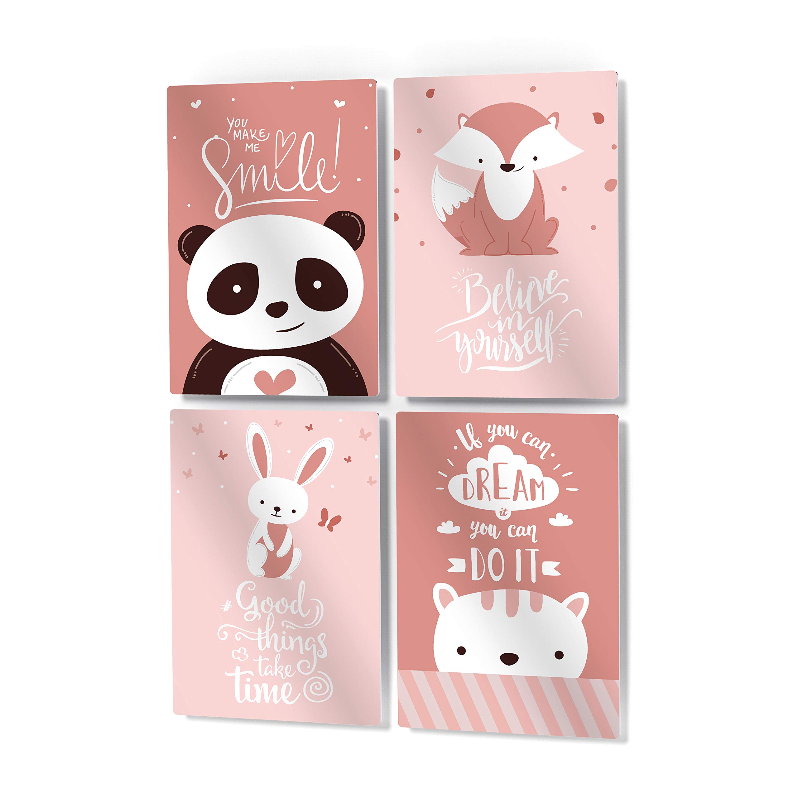 Cute Animals Motivational Wall Art - 4 Panel Metal Print Set for Nursery, Baby Girl & Boy Room Decor - Handmade in USA (30x20 inches each) - Perfect for Kids Bedroom, Playroom & Nursery Wall Decor