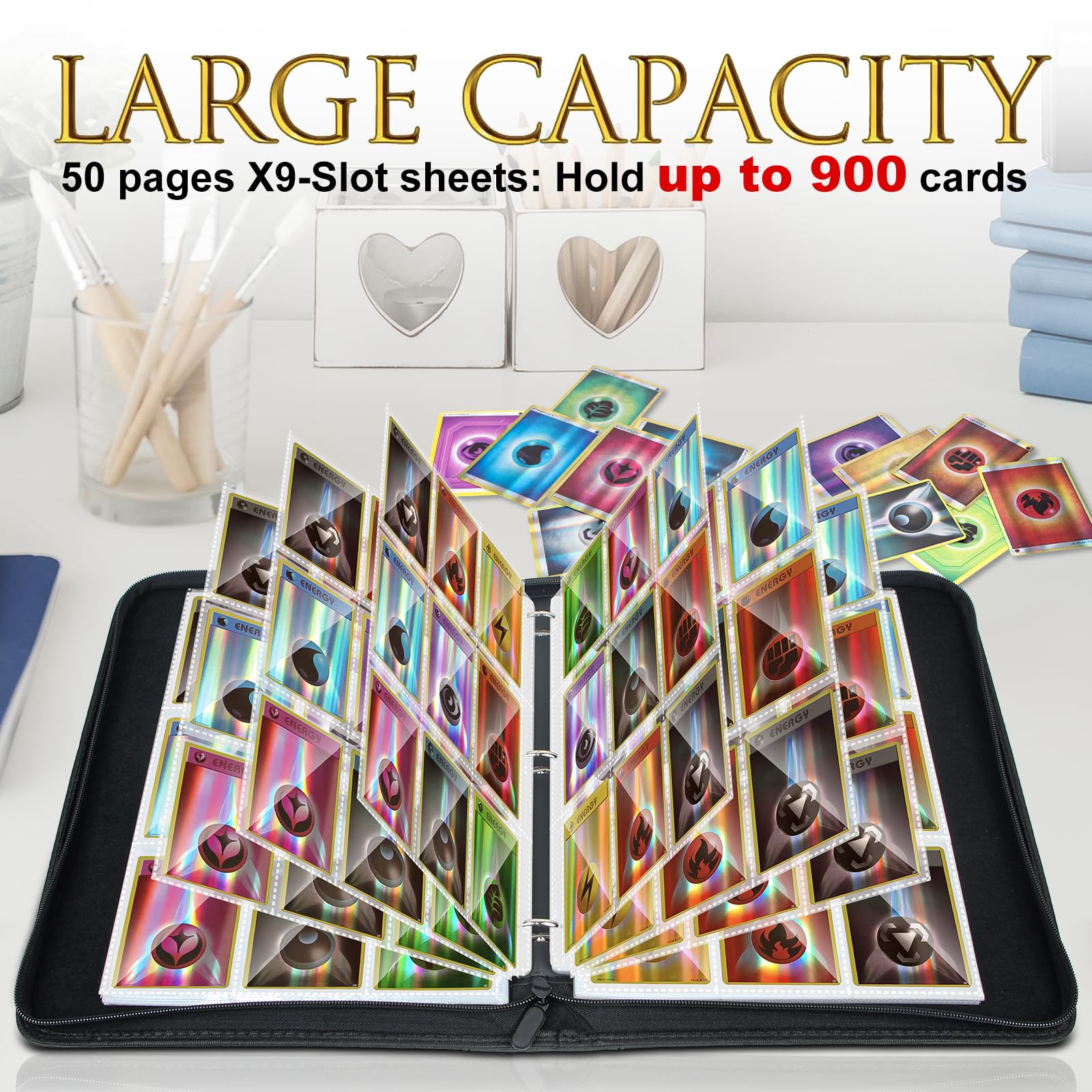 JoyHood 900-Capacity Trading Card Binder - 9-Pocket Premium Card Album Holder for TCG, MTG, Pokemon, Yu-Gi-Oh & OPCG Collectors (Black) - Perfect for Card Storage, Organization & Gaming Tournaments