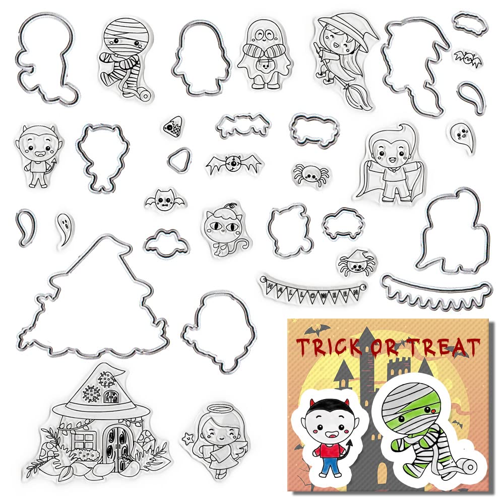 Halloween Clear Stamps & Cutting Dies Set - Ghost, Witch, Bat Die Cuts for DIY Card Making, Scrapbooking, Paper Crafts - Perfect for Holiday Greeting Cards, Album Decorations & Halloween Party Invitations