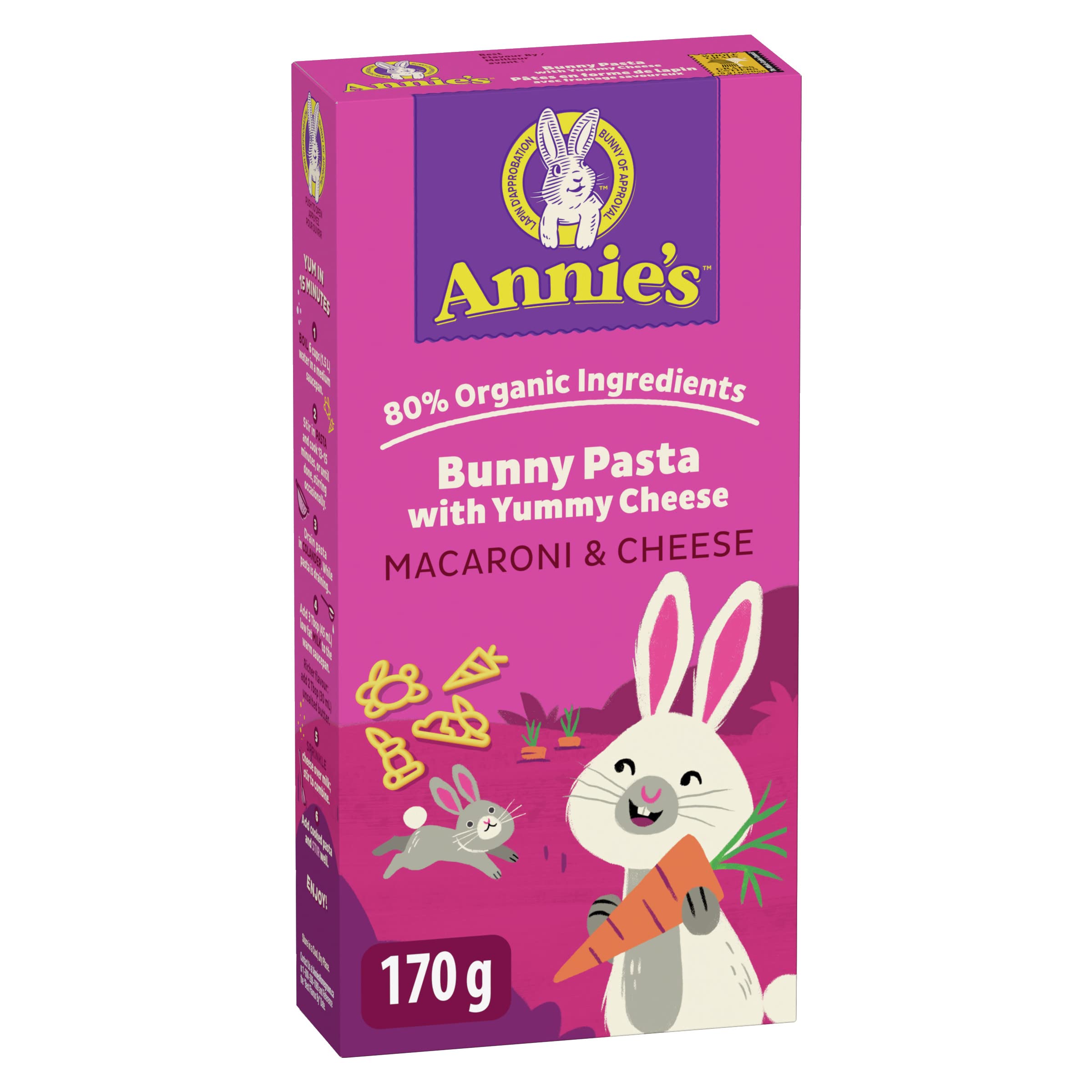 Organic Annie's Mac and Cheese Bunny Pasta - No Artificial Flavors or Colors, Real Cheese & Milk, 80% Organic (170g) - Perfect for Kids' Lunches, Quick Family Dinners & Healthy Snacks