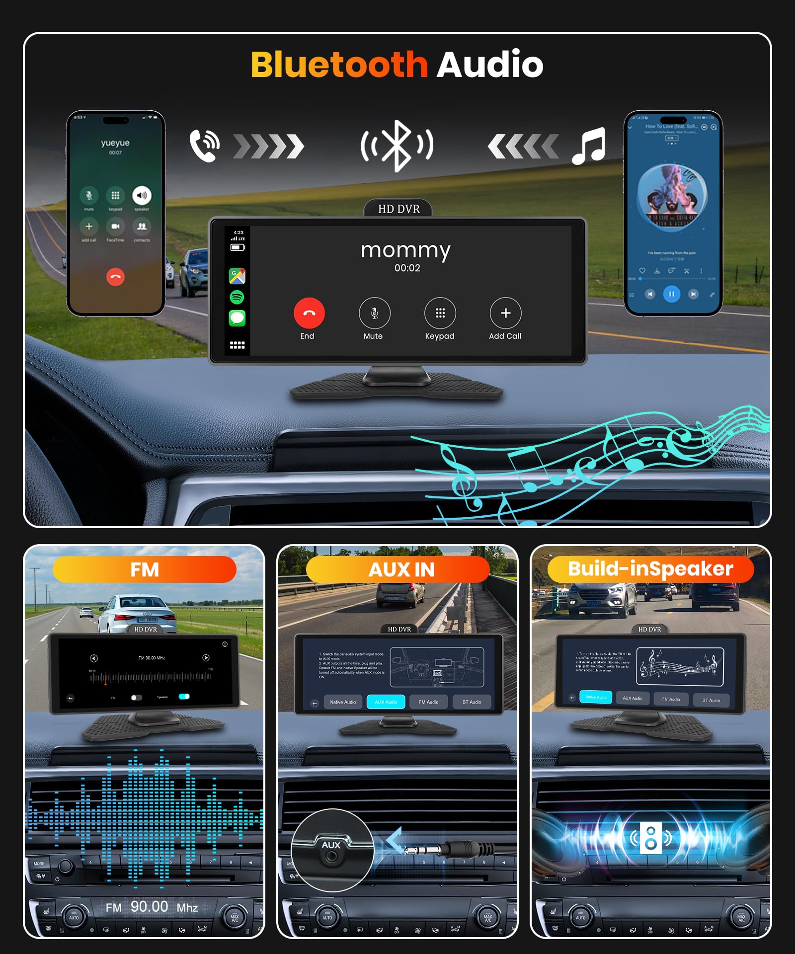 10.26 Inch Wireless CarPlay & Android Auto Screen for Car - HD IPS Touchscreen with Built-in Dash Cam & Rear Backup Camera, Dual Bluetooth, GPS, AUX, 64GB TF Card - Perfect for Safer Driving & Hands-Free Navigation