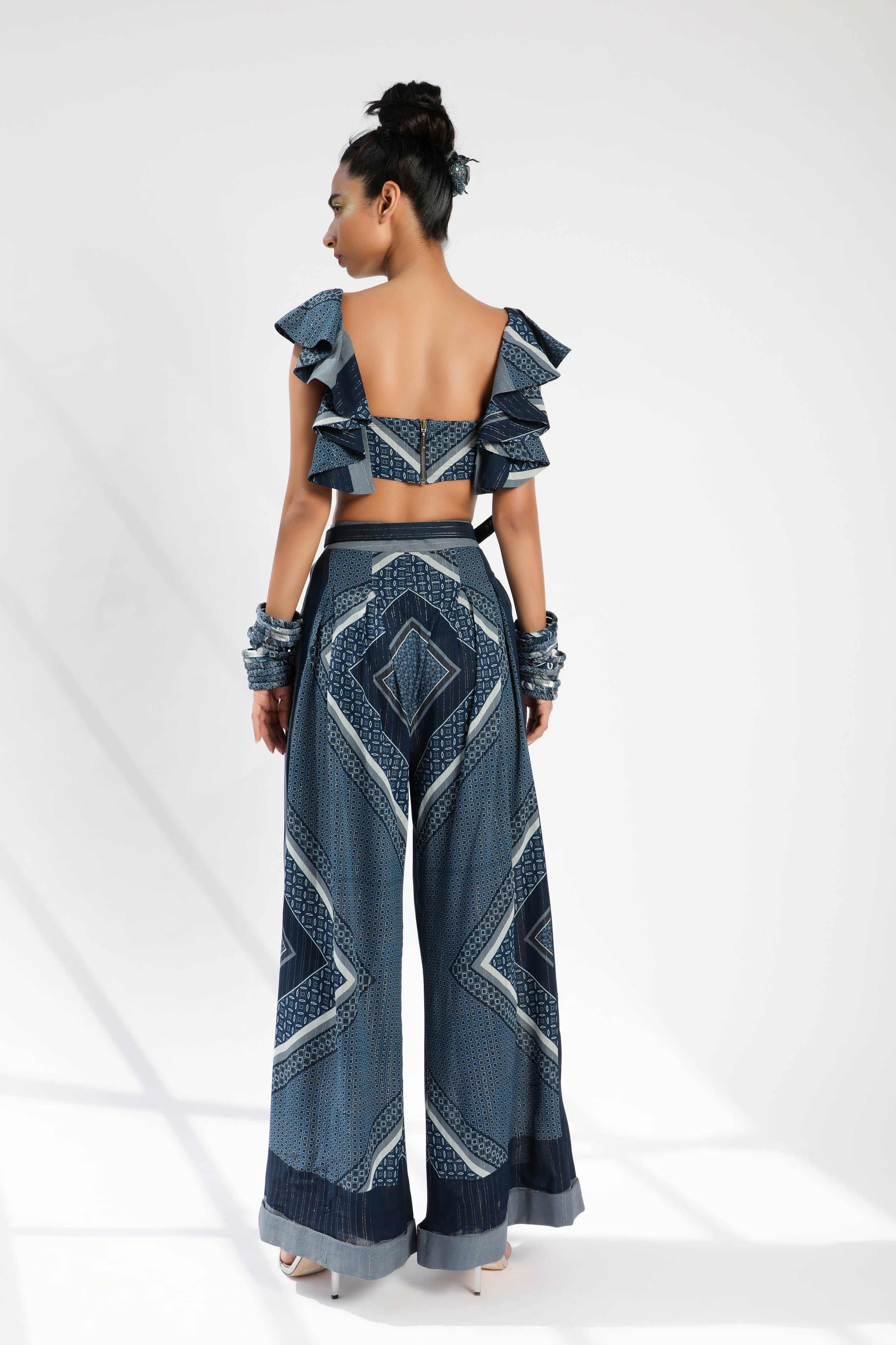 Indigo Blue Tile Print Ruffle Crop Blouse - Stylish Women's Fashion Top for Casual Wear, Date Night & Summer Outfits