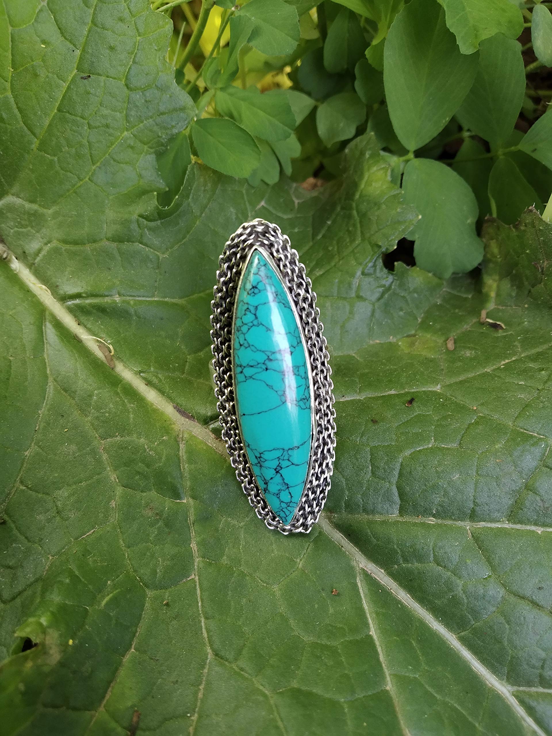 Turquoise Statement Ring - Sterling Silver Bohemian Jewelry with Marquise Gemstone, Vintage Style Long Ring for Women | Perfect Bridal Gift, Promise Ring & Full Finger Ring for Boho Fashion & Special Occasions