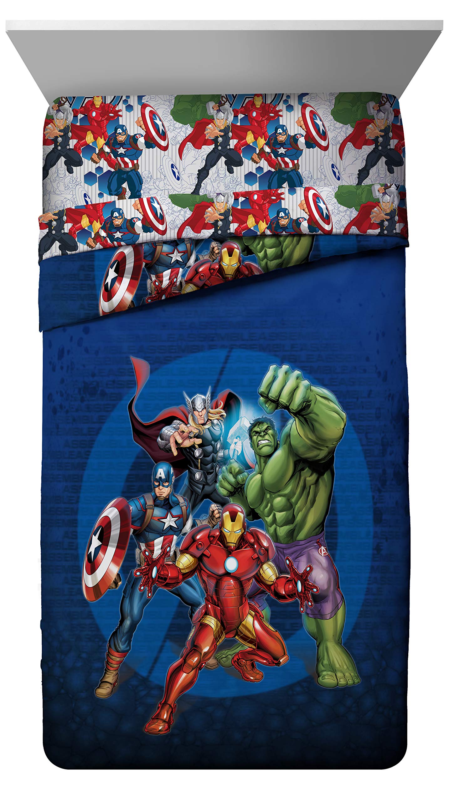 Marvel Avengers Blue Circle 5-Piece Full Bedding Set - Reversible Comforter & Sheet Set with Captain America & Iron Man - Fade Resistant Microfiber (Official) | Perfect for Kids' Rooms, Superhero Themed Bedrooms & Marvel Fans