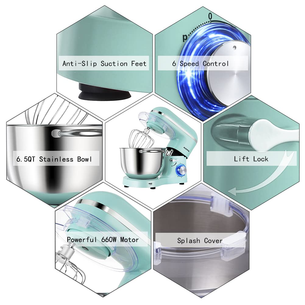 Aucma 6.5-QT 660W Stand Mixer - 6-Speed Tilt-Head Electric Kitchen Mixer with Dough Hook, Wire Whip & Beater (Blue) - Perfect for Baking Cakes, Cookies, Bread & More