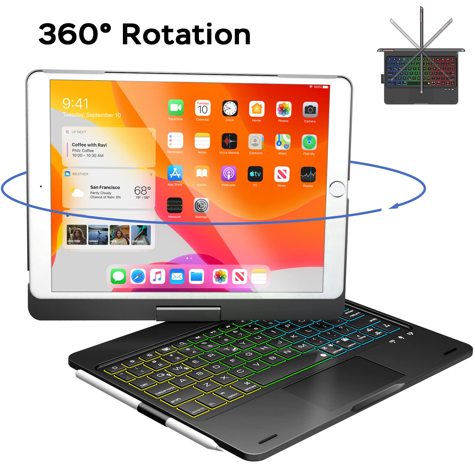 NOKBABO iPad 9th Generation Case with Keyboard - 360° Rotatable Touchpad, 7-Color Backlight & Pencil Holder for iPad 9th/8th/7th Gen 10.2
