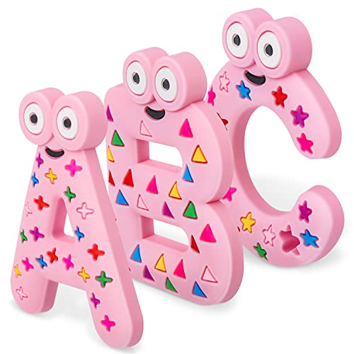 BPA-Free Silicone Baby Teething Toys for 0-12 Months - ABC Design Teethers for Soothing Gums | Safe Chew Toys for Infants & Toddlers | Perfect Baby Shower Gift for Boys & Girls (Pink) | Ideal for Home, Travel & Daycare Use