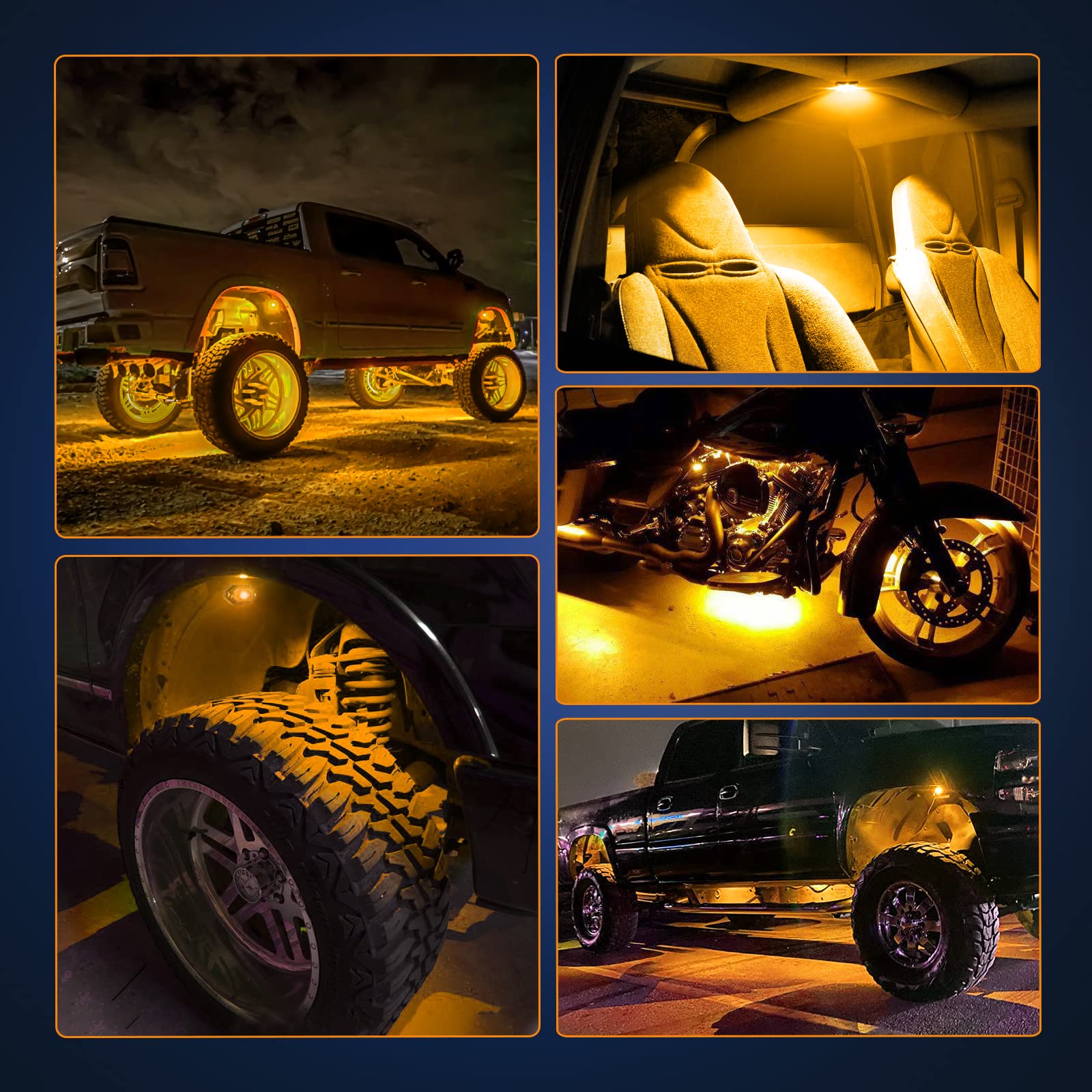 Amber LED Rock Lights Kit - 4 Pods Waterproof Yellow Neon Underglow Lights for Trucks, ATV, UTV, SUV, Car, Boat | Underbody Glow & Trail Rig Lamps for Off-Roading, Night Driving & Vehicle Customization