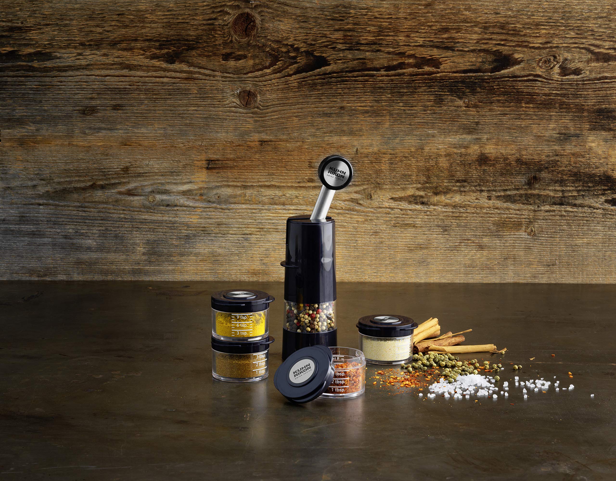 Kuhn Rikon Adjustable Ceramic Salt and Pepper Grinder - 8 Inch Black Spice Mill with Ratchet Mechanism for Fresh Seasoning - Perfect for Kitchen, Dining Table, and Outdoor Cooking