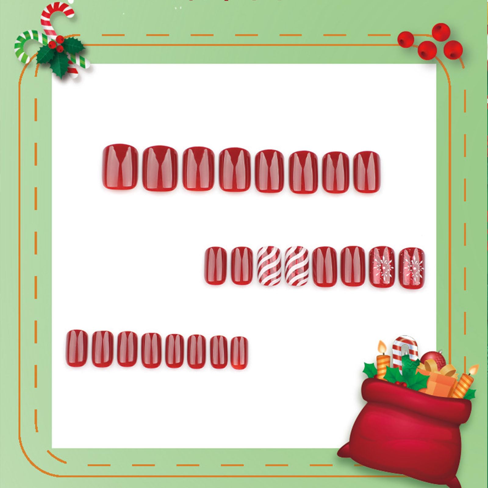 Christmas Press on Nails Short Square - Red Fake Nails with Snowflake & Candy Stripe Design - 24PCS Glossy Acrylic Full Cover False Nails - Winter Xmas Glue on Nails for Women & Girls - Perfect for Holiday Parties, Gift Giving & Festive Nail Art