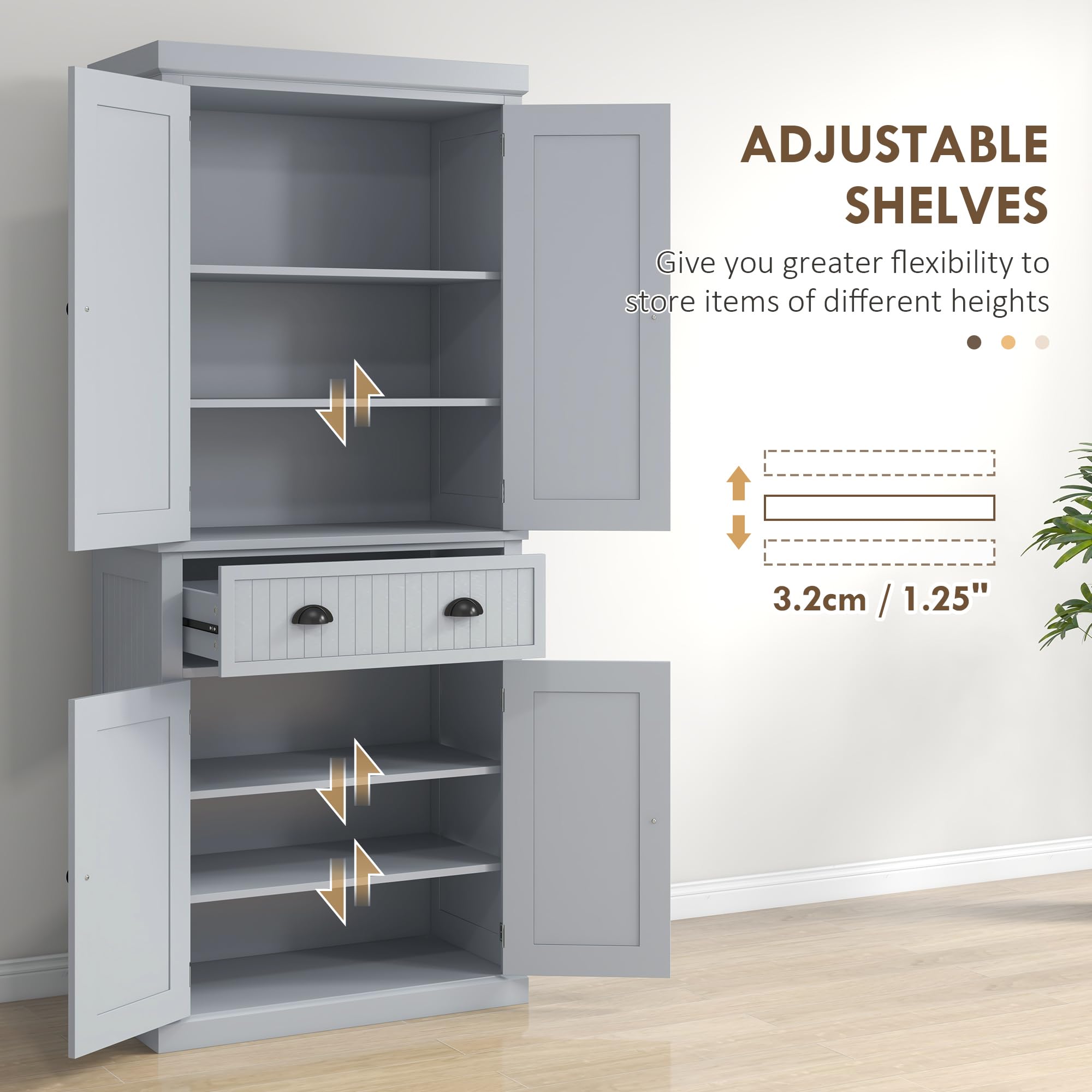 HOMCOM 72-Inch Traditional Kitchen Pantry Cabinet - Freestanding Tall Storage Cabinet with 4 Doors, 1 Drawer & 3 Adjustable Shelves for Dining Room, Living Room or Kitchen - Gray Wooden Cabinet for Home Organization & Storage