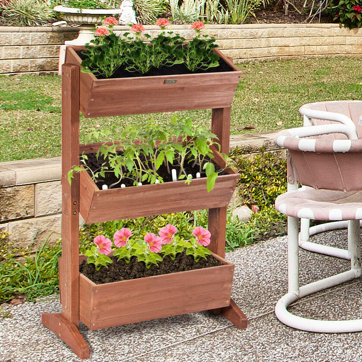 Giantex 3-Tier Raised Garden Bed - Vertical Freestanding Wooden Flower Stand with Detachable Ladder & Adjustable Shelves - Indoor/Outdoor Plant Organizer for Patio, Balcony, Backyard (Nut Brown)