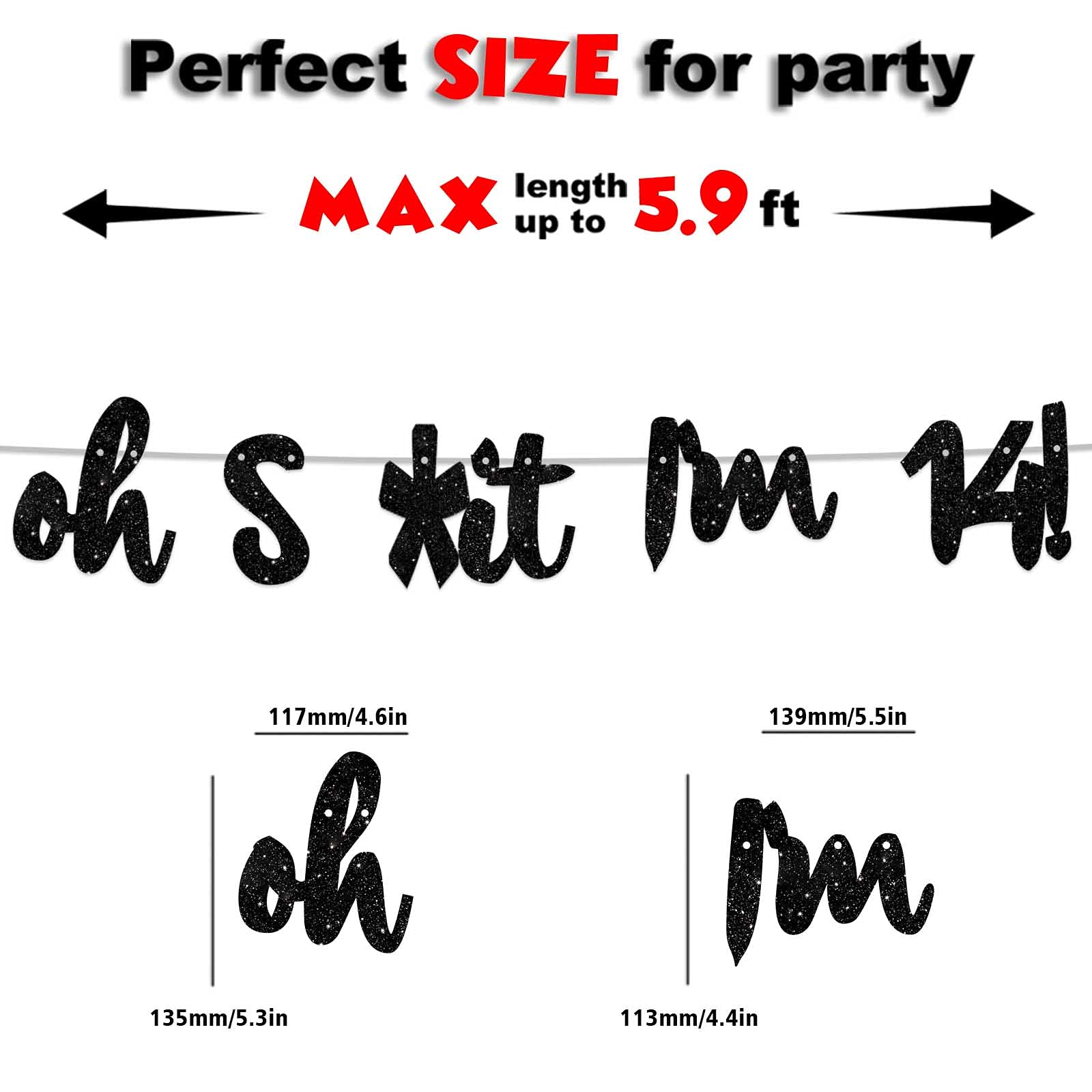 Glitter Black 'Oh I'm 14!' Birthday Banner Backdrop - Cheers to 14 Years Old Theme Decor for Boys & Girls - Happy 14th Birthday Party Photo Studio Prop, Flag Decorations & Party Favors Supplies - Perfect for Teen Birthday Celebrations, Photo Booths & Milestone Decor
