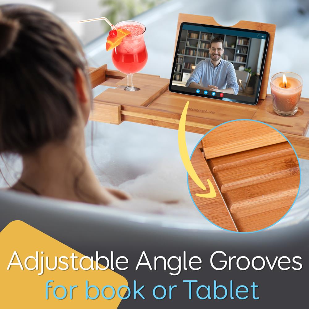 Premium Bamboo Bathtub Caddy Tray with Wine Glass Holder & Book Stand - Perfect for Relaxing Bath Time, Spa Days & Self-Care Moments