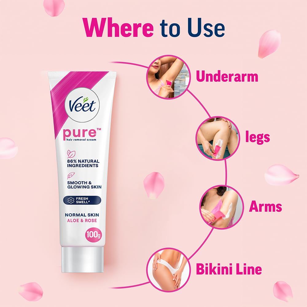 Veet Pure Hair Removal Cream for Women - 100g | Gentle Formula for Normal Skin | Safe for Legs, Underarms, Bikini Line & Arms | Painless At-Home Hair Removal Solution | Perfect for Beach Prep & Smooth Summer Skin