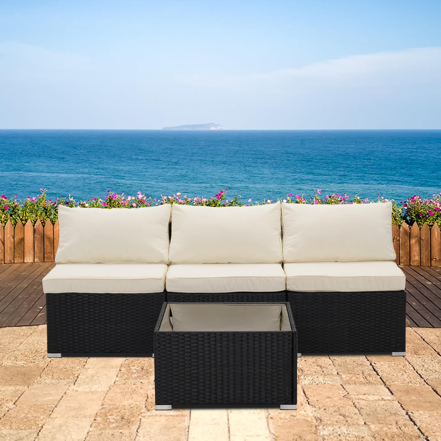 4-Piece All-Weather Outdoor Patio Furniture Set - PE Rattan Wicker Sofa Sectional with Coffee Table & Cushions - Perfect for Garden, Backyard, Poolside & Terrace Relaxation