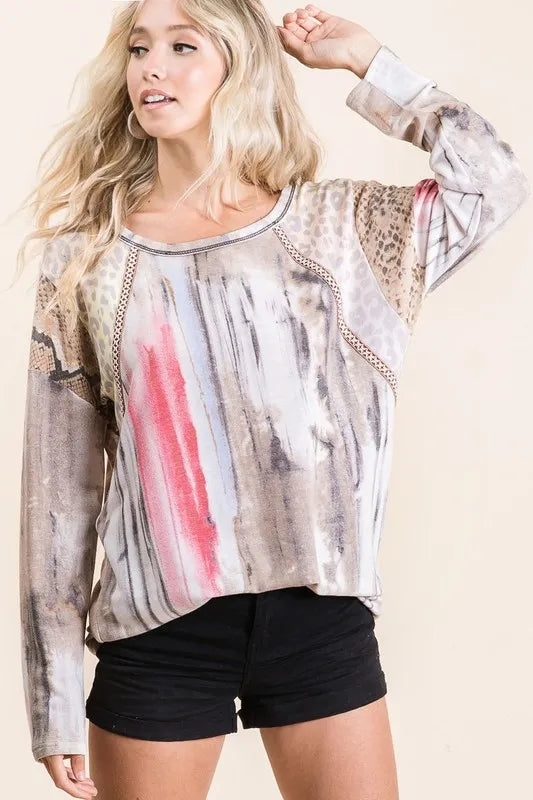 Trendy BiBi Tie Dye Knit Top with Print Block Shoulder - Women's Fashion Casual Blouse for Summer Outfits & Boho Style