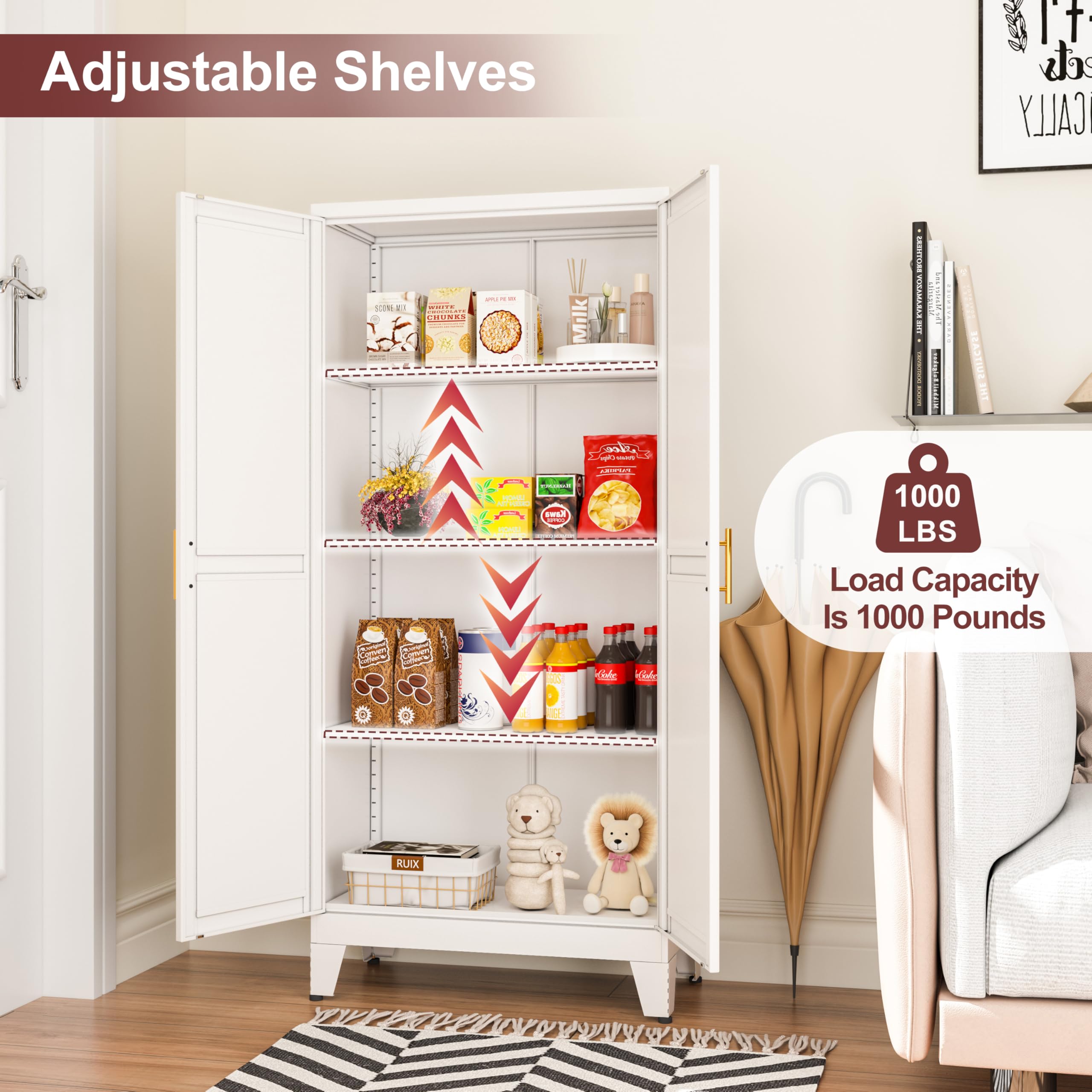 White Metal Pantry Cabinet with 2 Doors & Adjustable Shelves - Kitchen Storage Cabinet with Gold Handles for Laundry, Living Room, Bathroom & Dining Room - Perfect for Organizing Spices, Linens & Household Items
