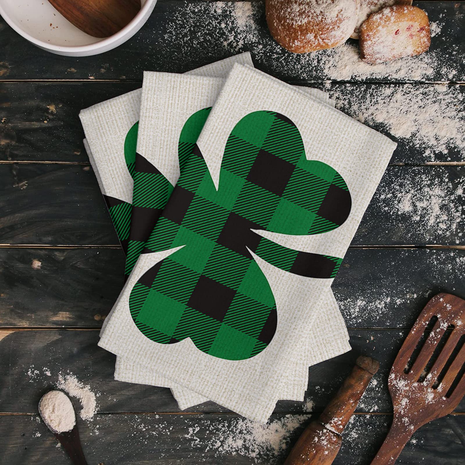 **Soft Microfiber Kitchen Towels - Pack of 4 Absorbent Dish Towels, Tea Towels & Bar Towels (18x28 Inch) - St. Patrick's Day Green Black Buffalo Plaid with Lucky Shamrock Design - Perfect for Kitchen Cleaning, Drying Dishes & Bar Use**