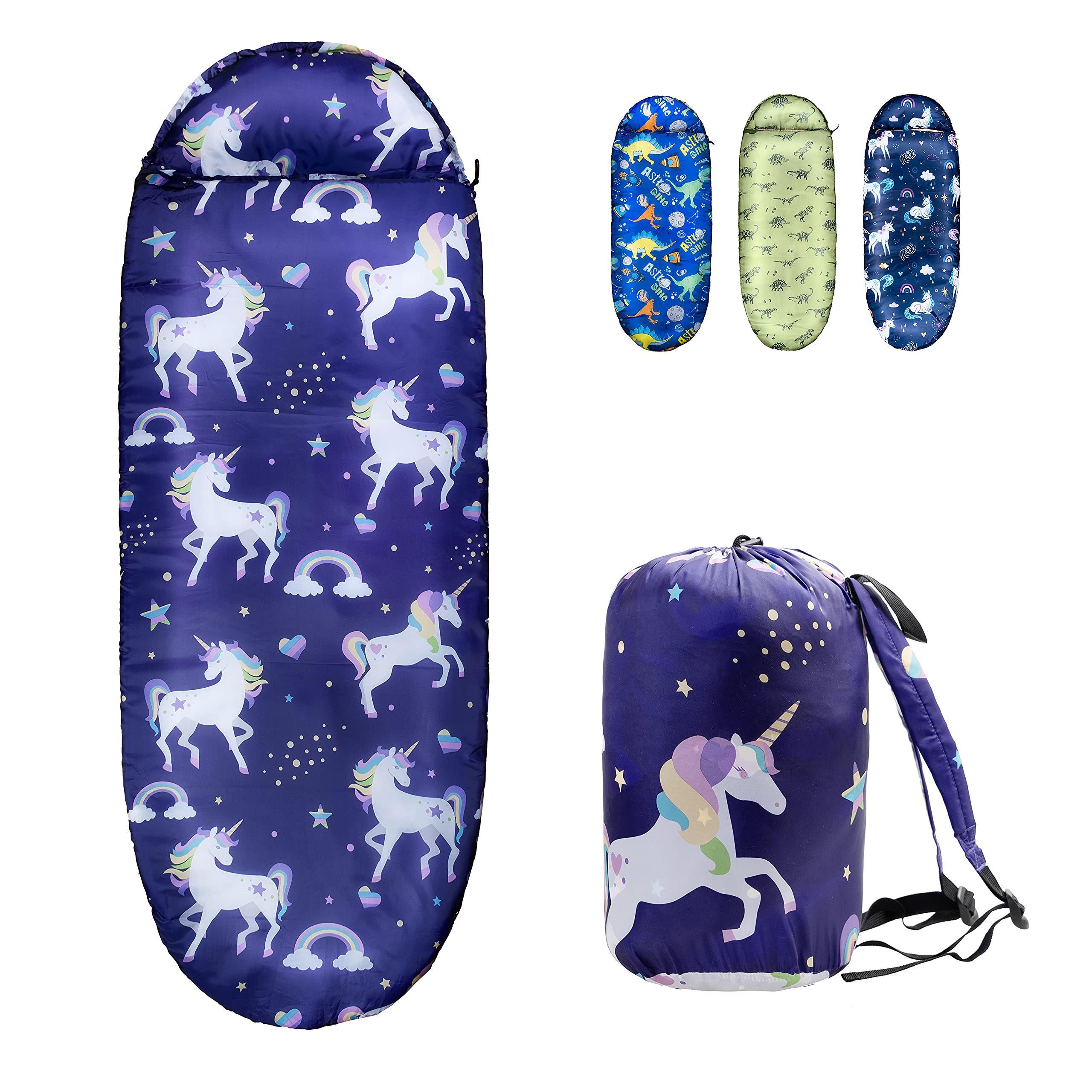 Rioyalo YOLO 45 Kids Sleeping Bags for Girls - Unicorn Rainbow Star Design - Lightweight Camping Sleeping Bag with Carry Bag for Indoor & Outdoor Use - Perfect for Sleepovers, Camping Trips, and Backyard Adventures