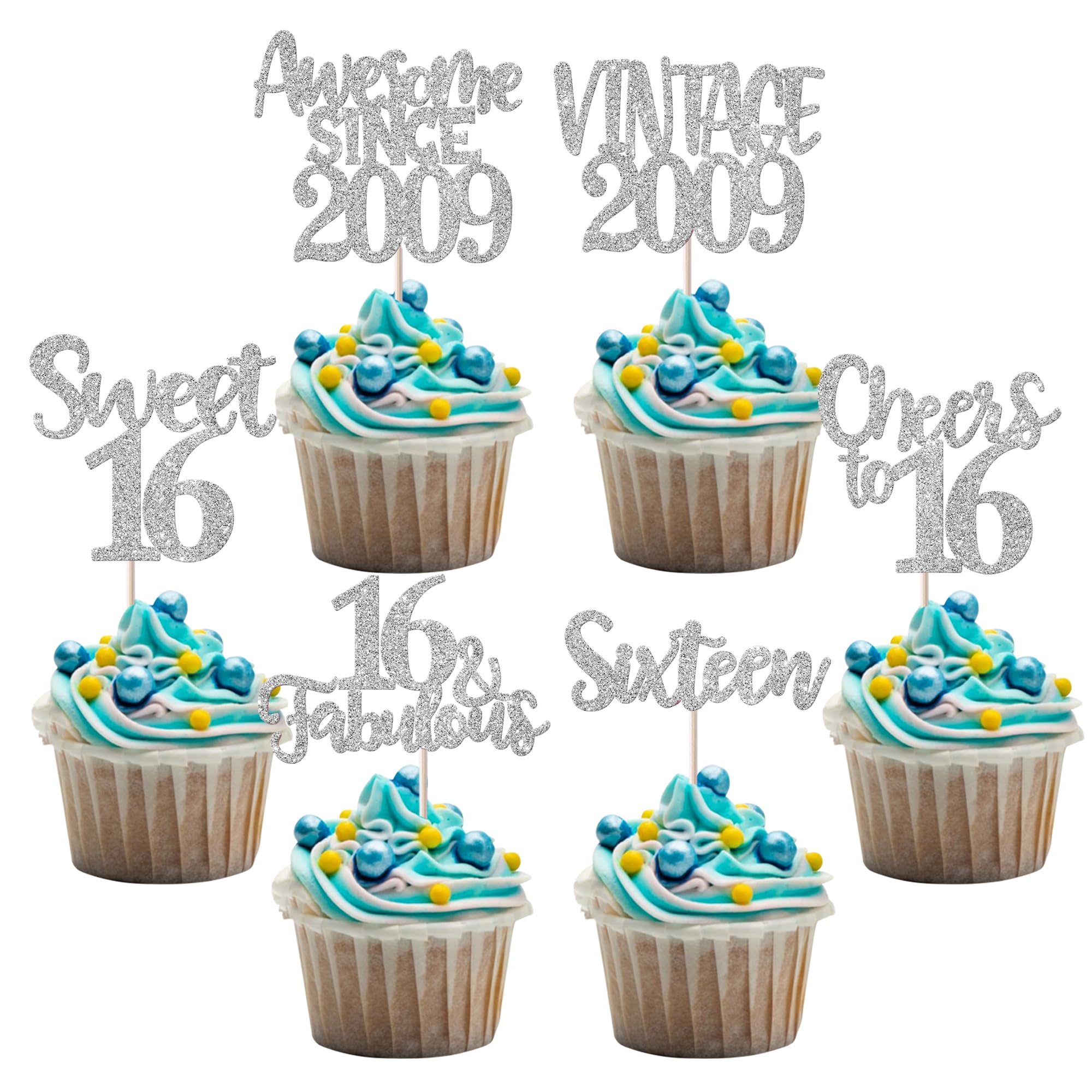 24-Pack Vintage 2009 Cupcake Toppers - Sweet 16 Birthday Cake Decorations with 16 Fabulous Picks - Cheers to 16 Years Party Supplies for Birthday, Wedding & Anniversary Celebrations - Silver (Perfect for Sweet 16 Parties, Bridal Showers & Milestone Celebrations)