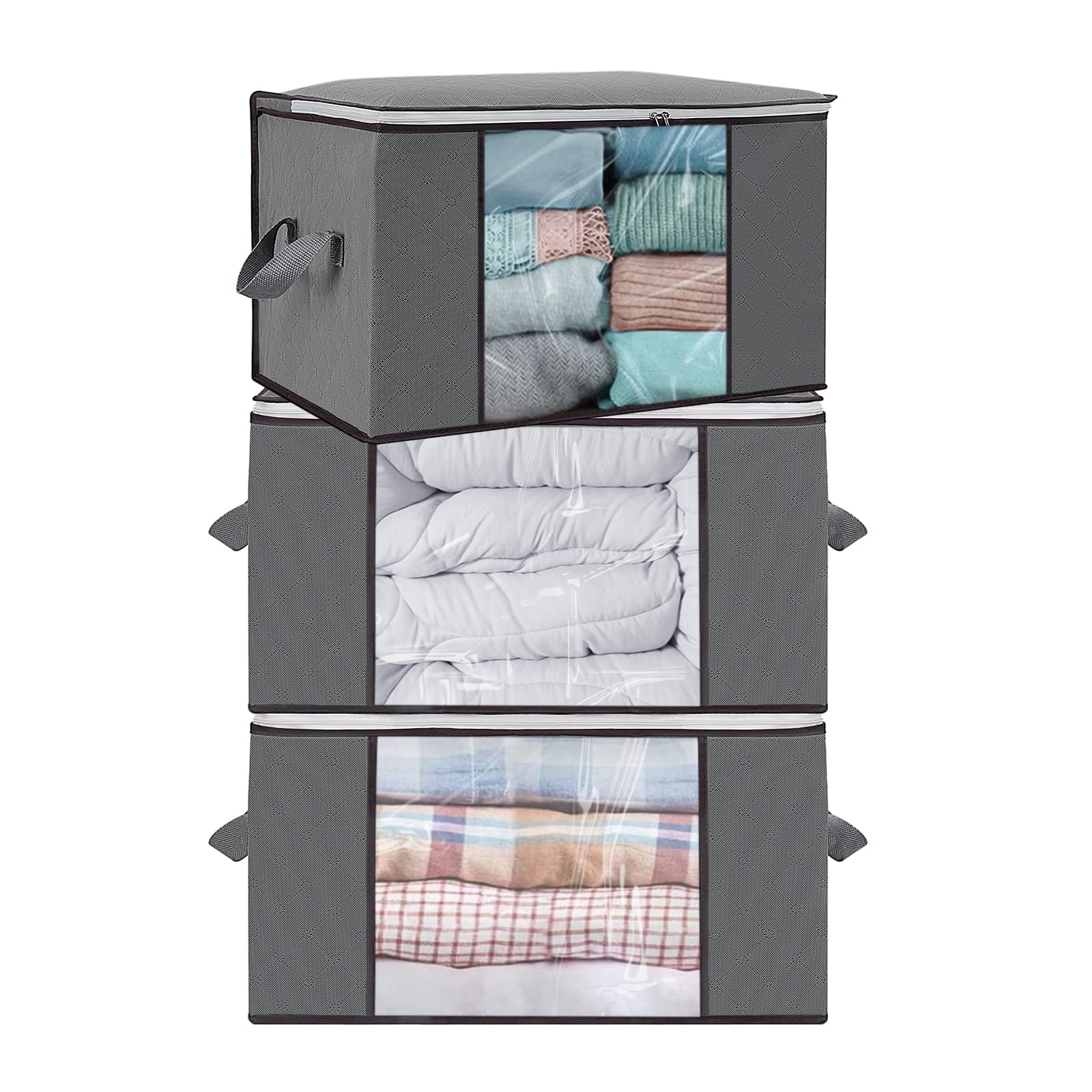 MecTo 3-Pack Large Capacity Under Bed Storage Bags with Reinforced Handles - Foldable Thick Fabric Organizer for Comforters, Blankets & Bedding (90L, Grey) - Perfect for Seasonal Clothes, Home Organization & Space Saving