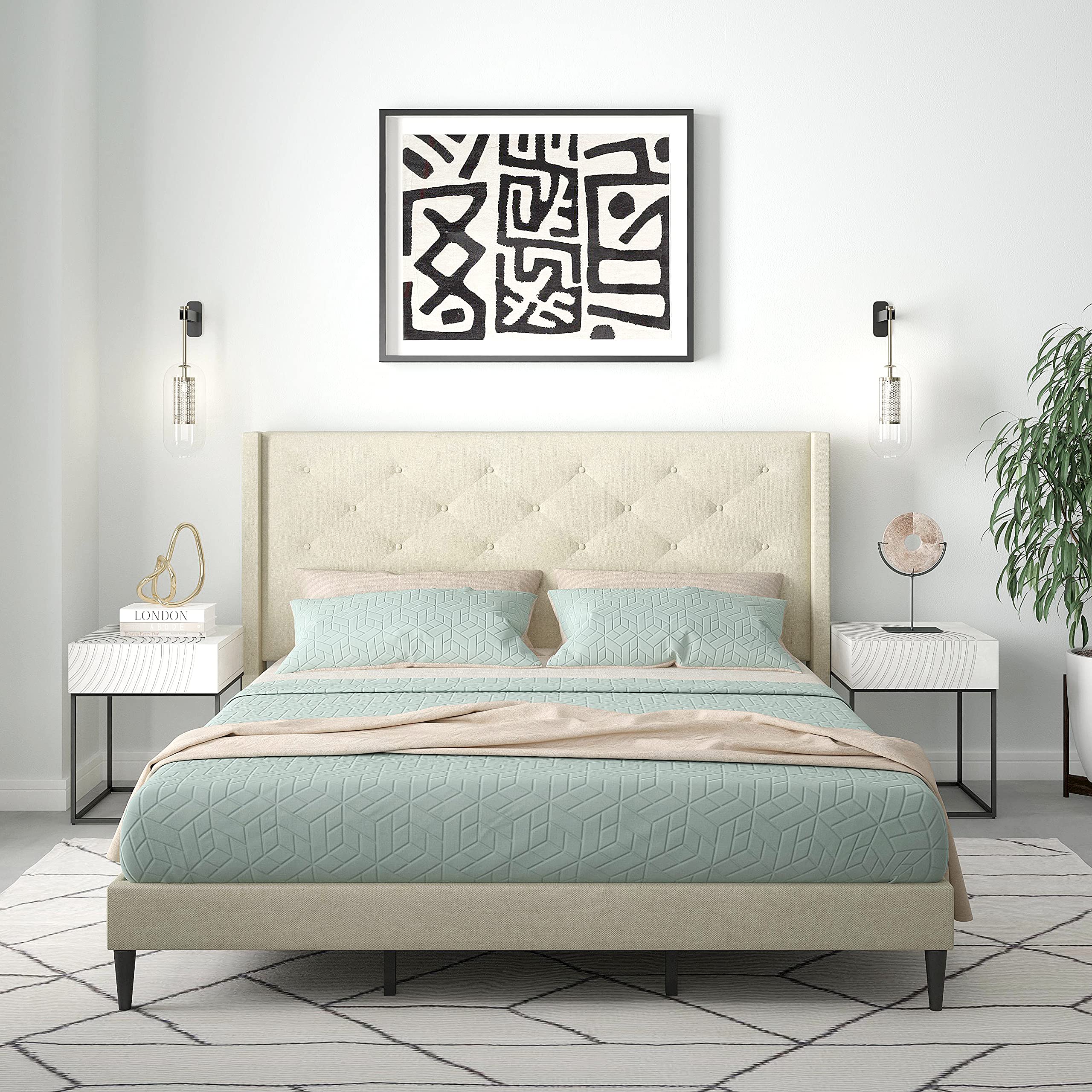 Glenwillow Home Huppe Upholstered Platform Bed Frame - King Size Beige Mid Century Modern Wingback Headboard with Button Tufting | No Box Spring Required | Easy Assembly | Perfect for Master Bedrooms & Guest Rooms