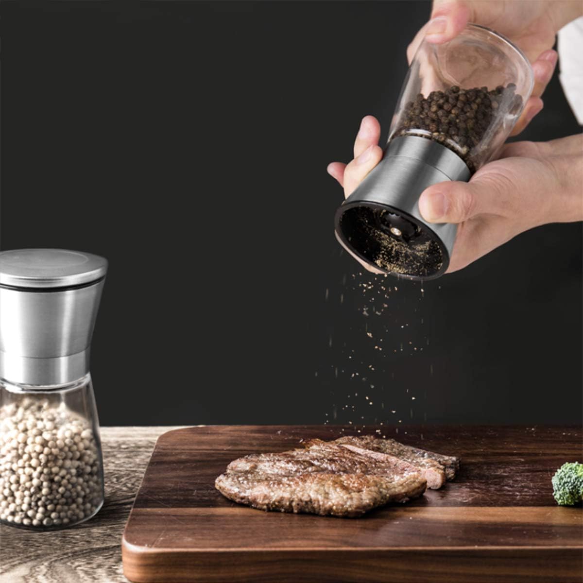 Premium Stainless Steel Sea Salt and Pepper Grinder Set - Manual Adjustable Ceramic Mill for Kitchen - Tall Glass Spice Grinder with Coarseness Control - Easy to Use & Refill - Perfect for Cooking, Baking & Table Seasoning (Small, 1-Pack)