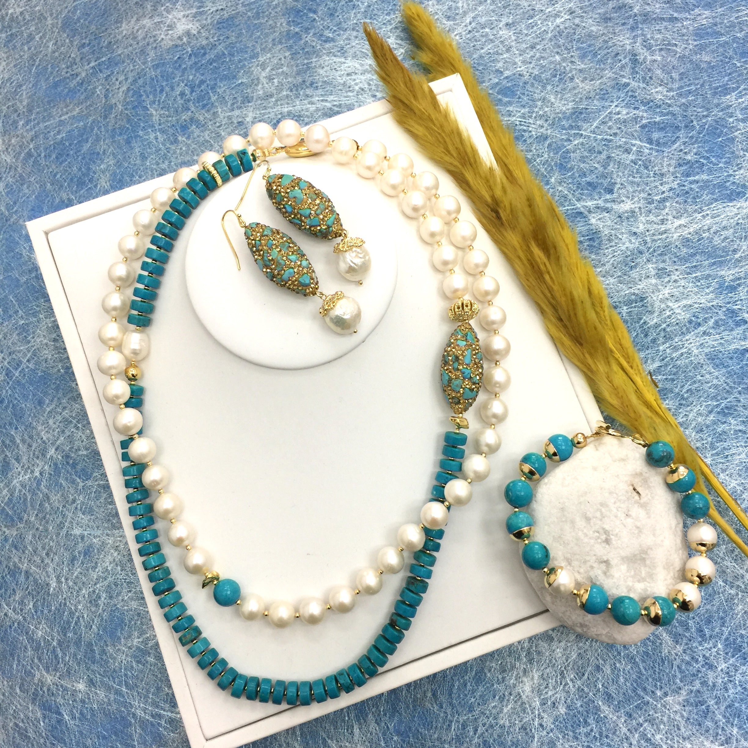 Turquoise Rhinestone Earrings with Freshwater Pearls - Elegant Dangle Earrings for Women | Perfect for Weddings, Parties & Special Occasions