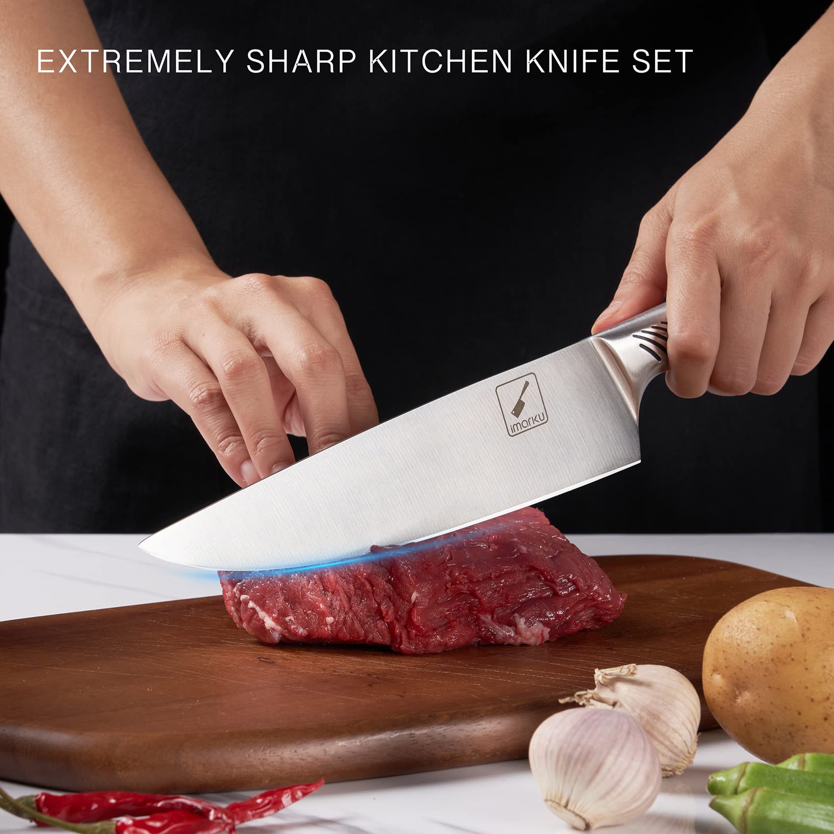 IMARKU 14-Piece High Carbon Stainless Steel Knife Set with Wooden Block - Professional Kitchen Knives with Built-in Sharpener, Dishwasher Safe, Ergonomic Anti-Slip Handles - Perfect for Home Chefs, Cooking Enthusiasts & Wedding Gifts