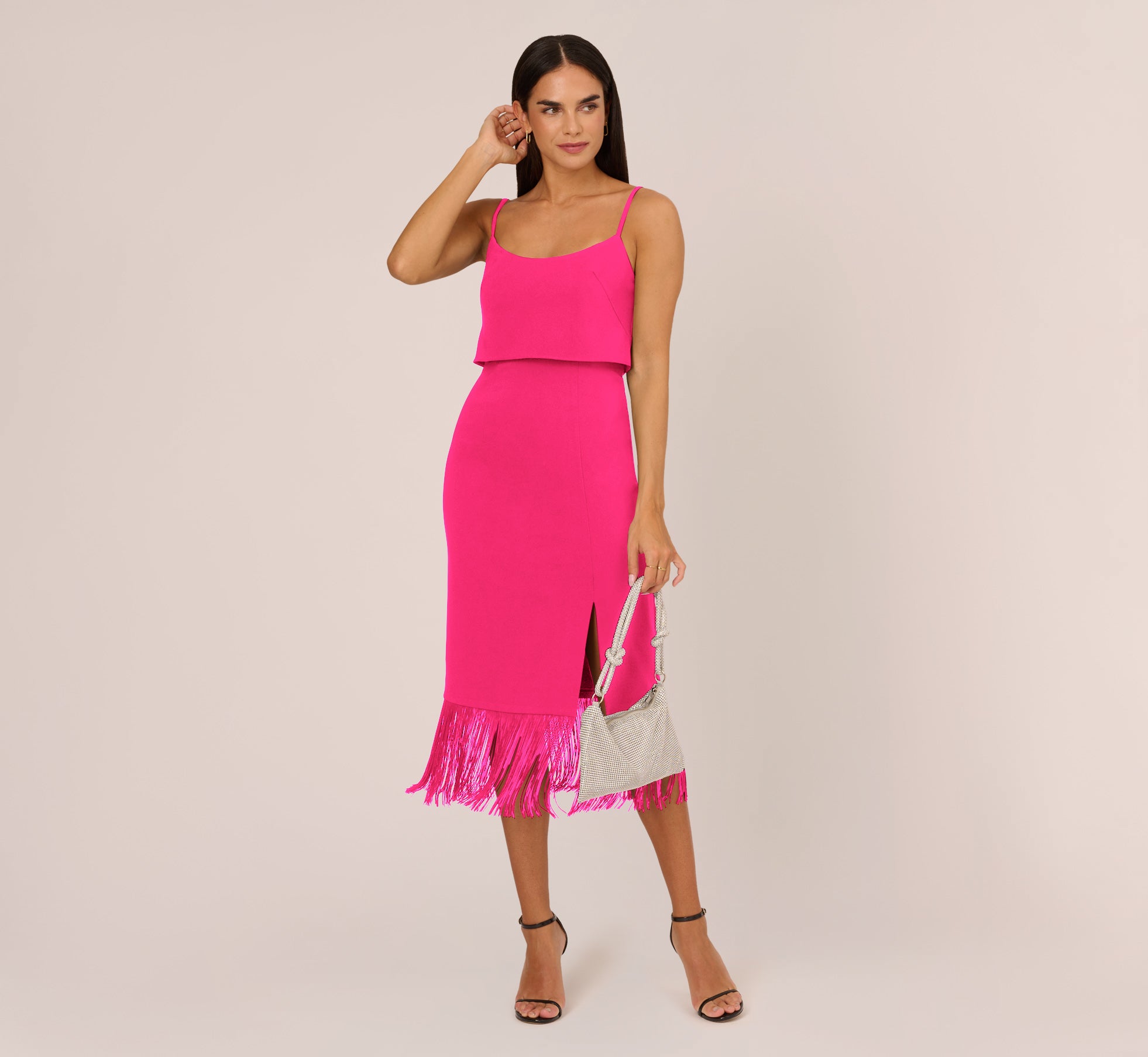 Stylish Crepe Popover Midi Dress with Fringe Trim in Lipstick Red - Perfect for Date Nights & Summer Parties