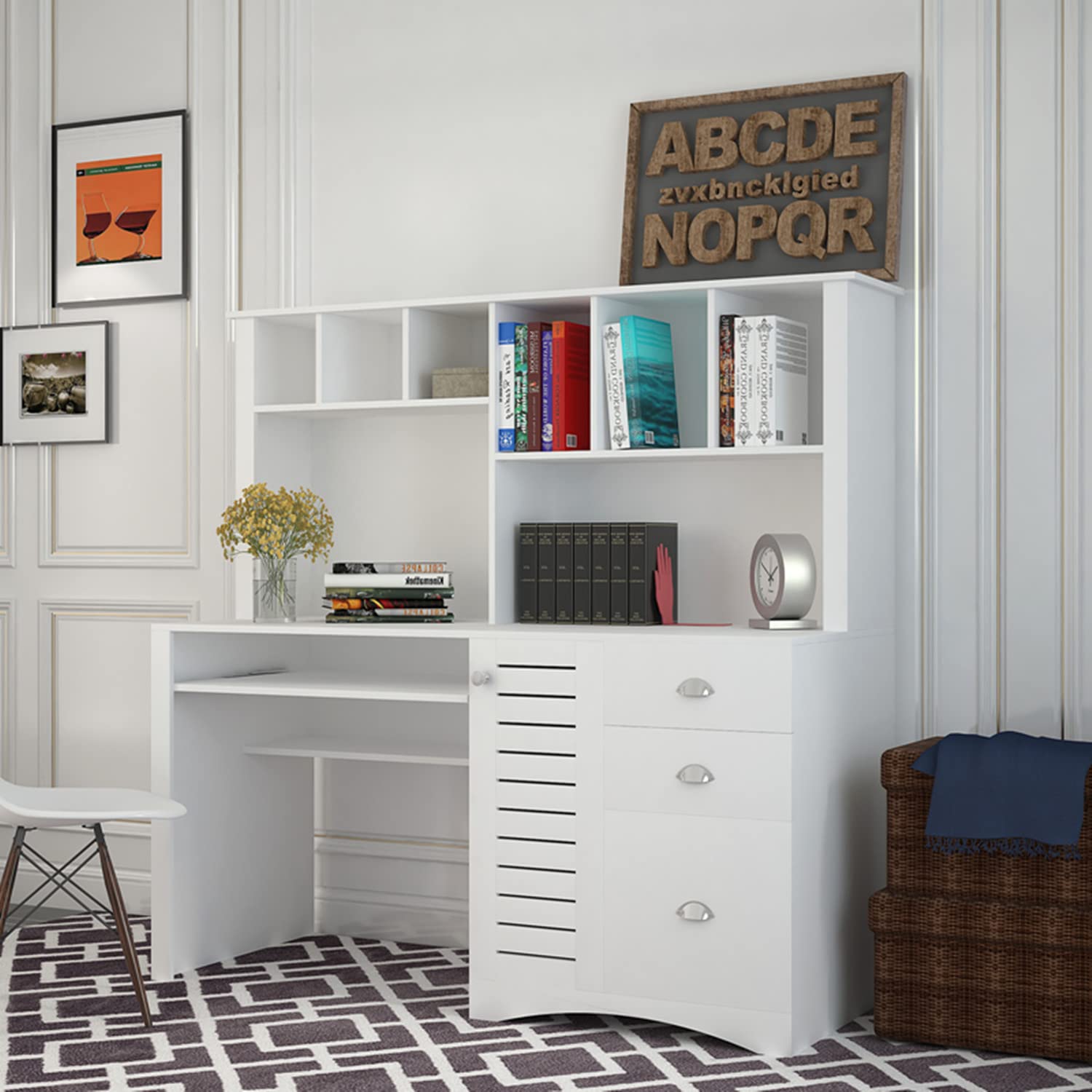 Wooden Executive Computer Desk with 3 Drawers & Hutch - Home Office Desk with Keyboard Tray, 2 Open Shelves & Cable Management Grommets - Perfect for Study, Work & Gaming (White)