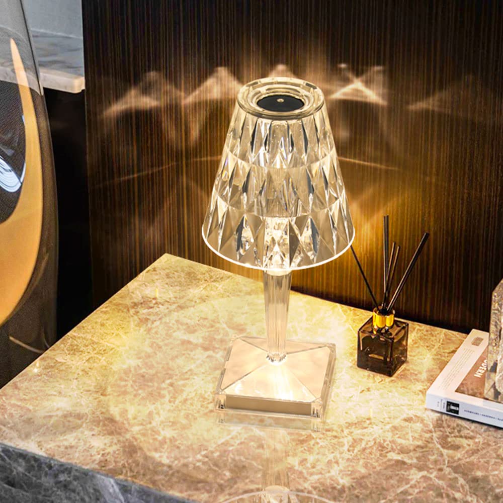 ORISTARRY Rechargeable Crystal Table Lamp - Cordless Touch Control, 3-Color LED Night Light, Acrylic Base for Bedroom, Living Room, Office Decor
