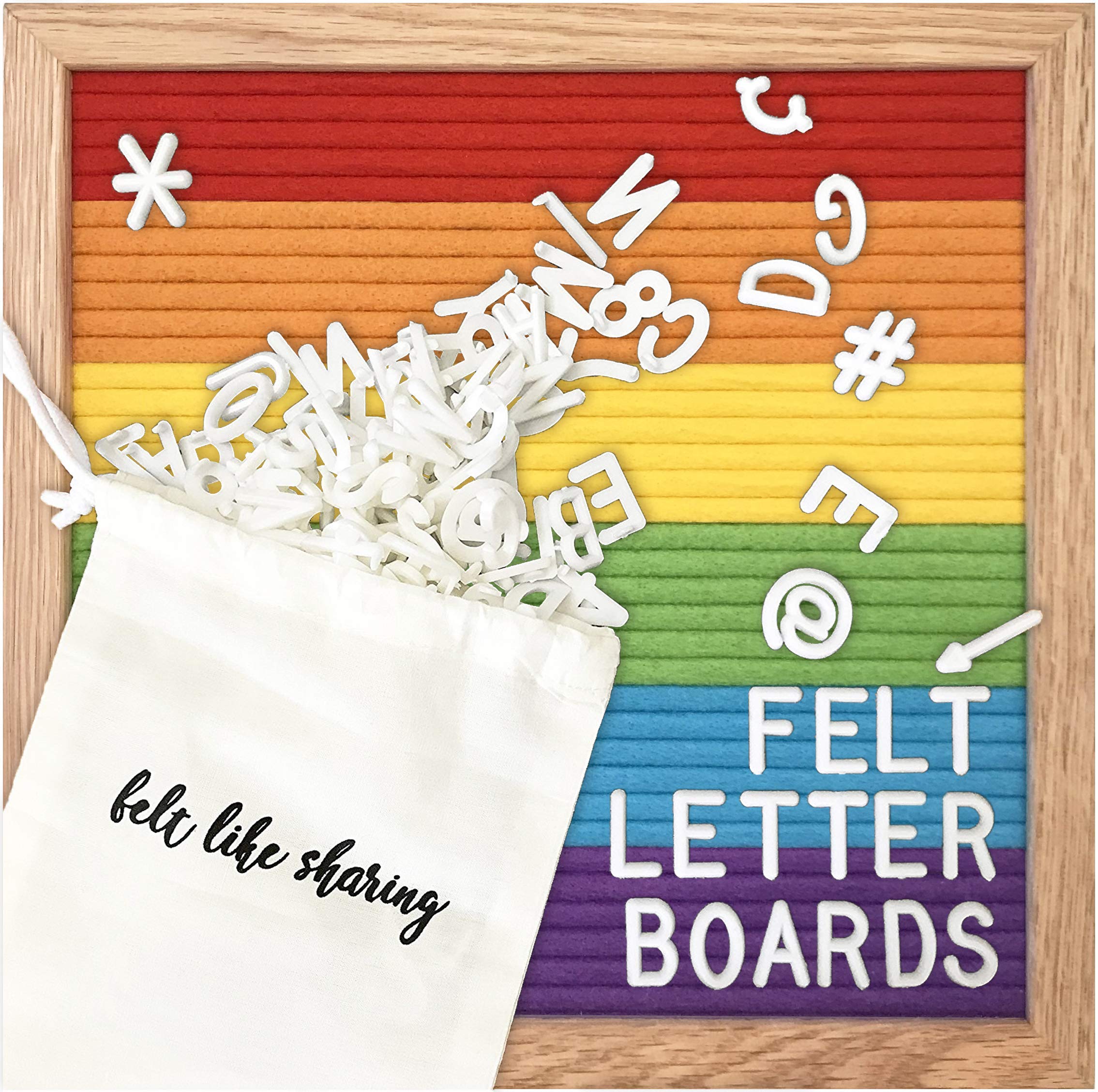 10x10 Inch Felt Letter Board with 300 Changeable Letters - White Oak Frame Message Board for Baby Announcements, Milestones, Office Decor & Home Signage | Perfect for Birthdays, Weddings, and Classroom Displays (Rainbow)