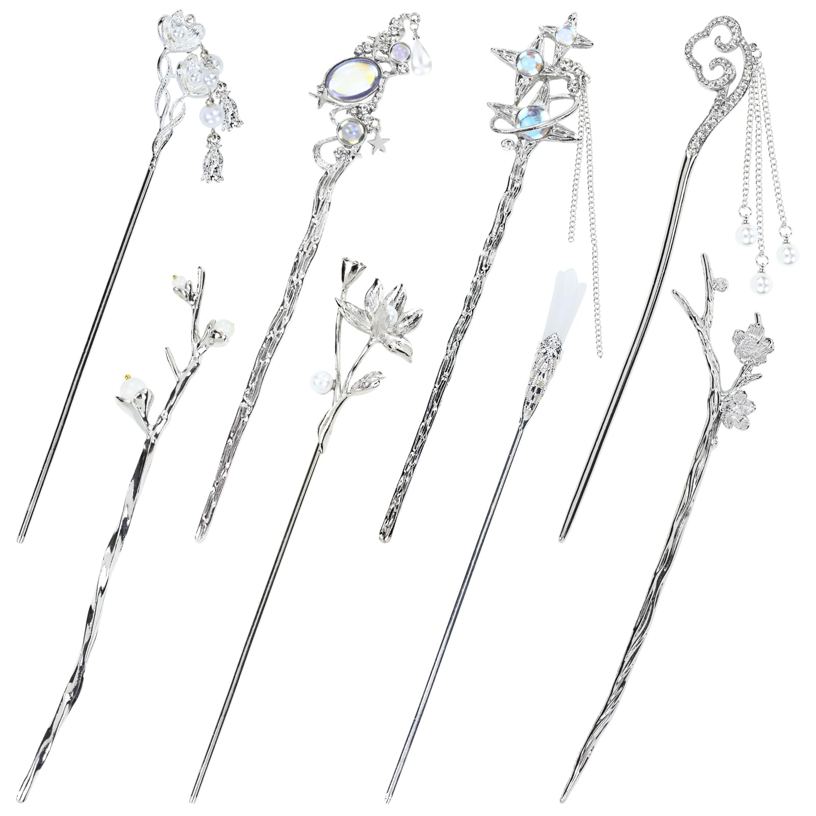 8Pcs Retro Crystal Pearl Silver Hair Sticks with Pendants - Chinese Hanfu Hair Forks, Cloud Star Lotus Hairpins for Women, Bun Updo Holders - Perfect for Weddings, Cosplay & Traditional Asian Hairstyles