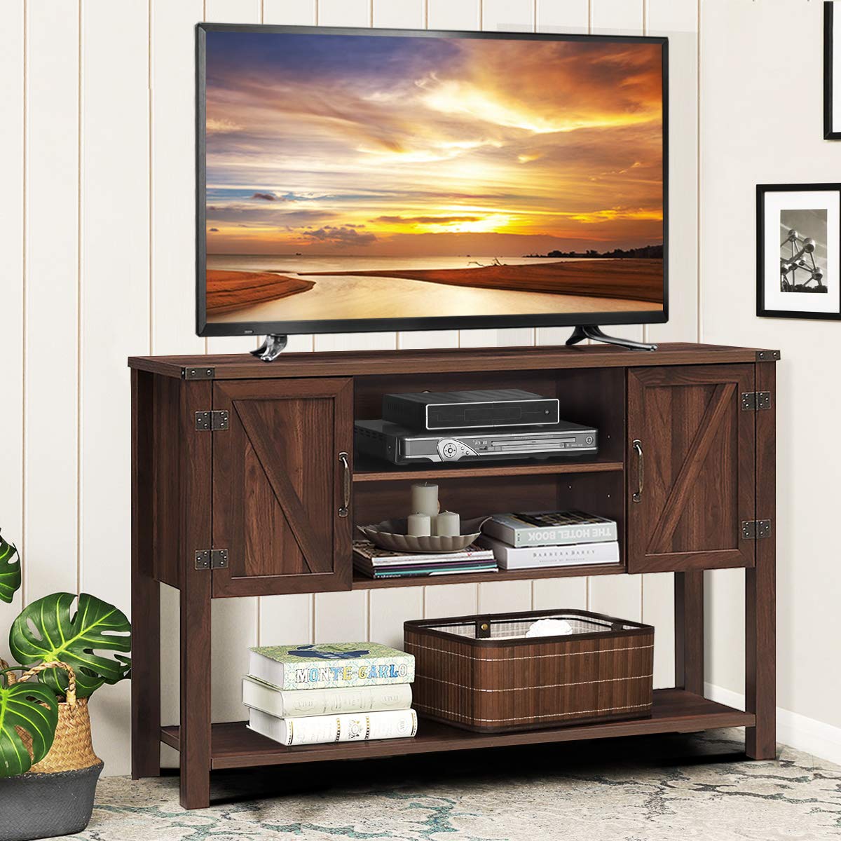 Tangkula 60 Inch TV Stand with 2 Side Door Cabinets - Modern Entertainment Center with Ample Storage Space, Multi-Functional TV Console for Living Room & Home Office Decor (Brown) - Perfect for Home Theater Setup & Media Organization