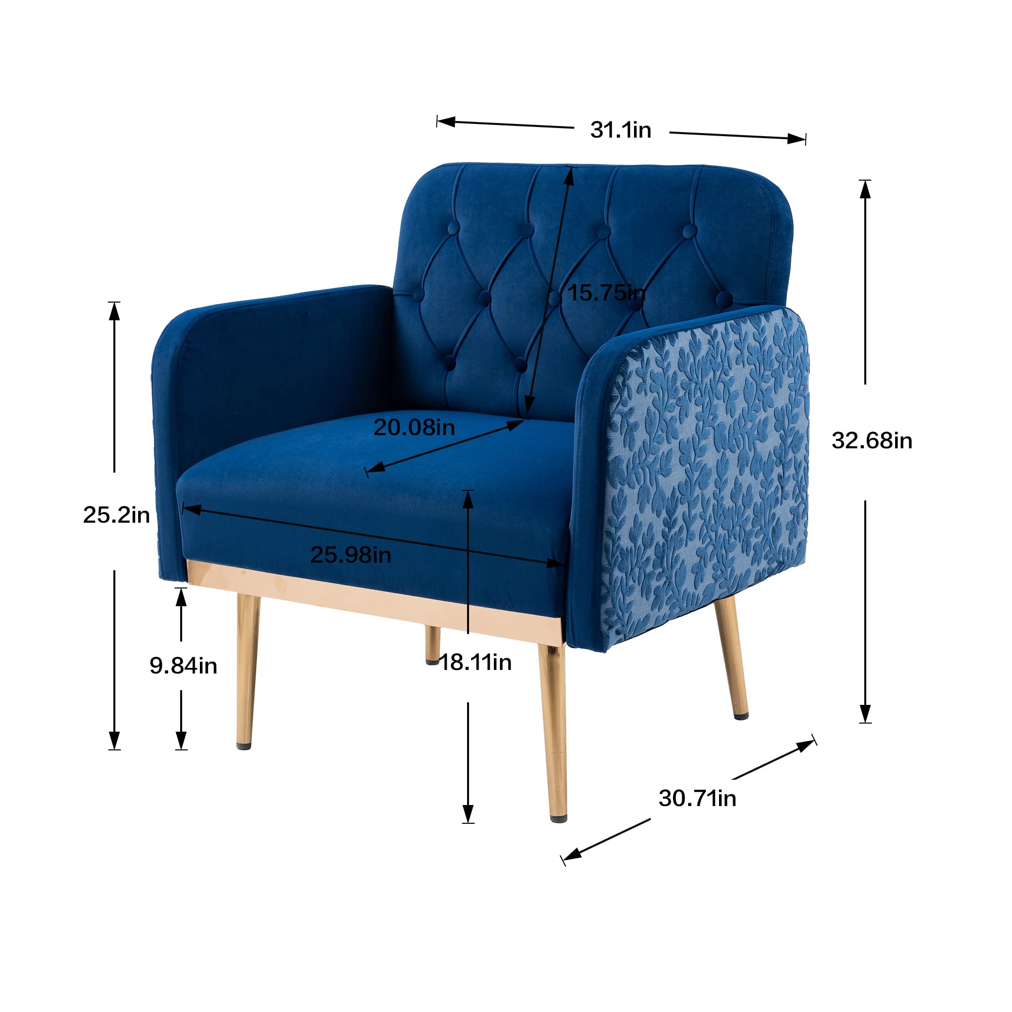 Velvet Tufted Accent Chair - Comfortable Living Room Lounge Armchair with Rose Gold Metal Trim, Upholstered Sofa Chair for Bedroom & Office Decor | Perfect for Relaxing, Reading & Small Space Seating