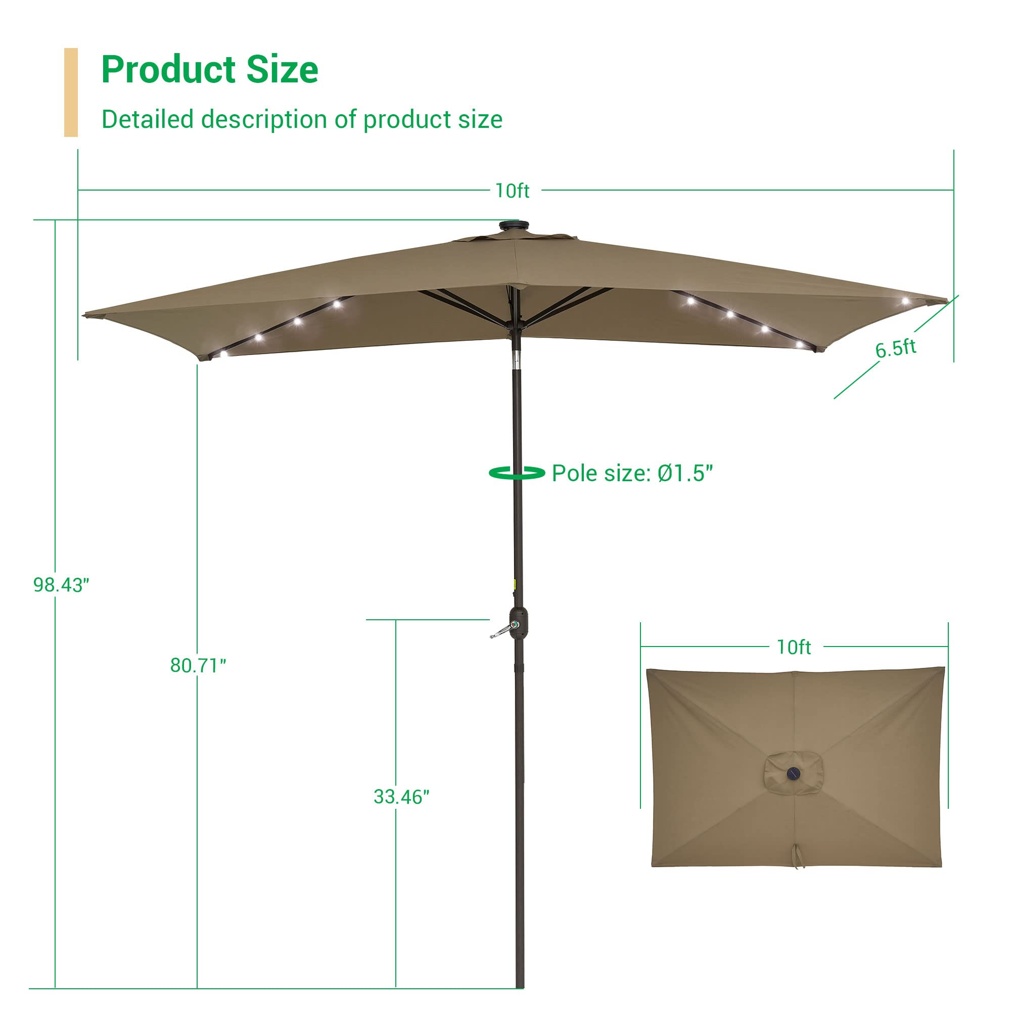 10x6.5ft Rectangle Solar Patio Umbrella with LED Lights - Tilt & Crank Outdoor Market Umbrella, 6 Sturdy Ribs, UV Protection & Waterproof - Perfect for Garden, Deck, Backyard, Poolside Dining & Outdoor Relaxation