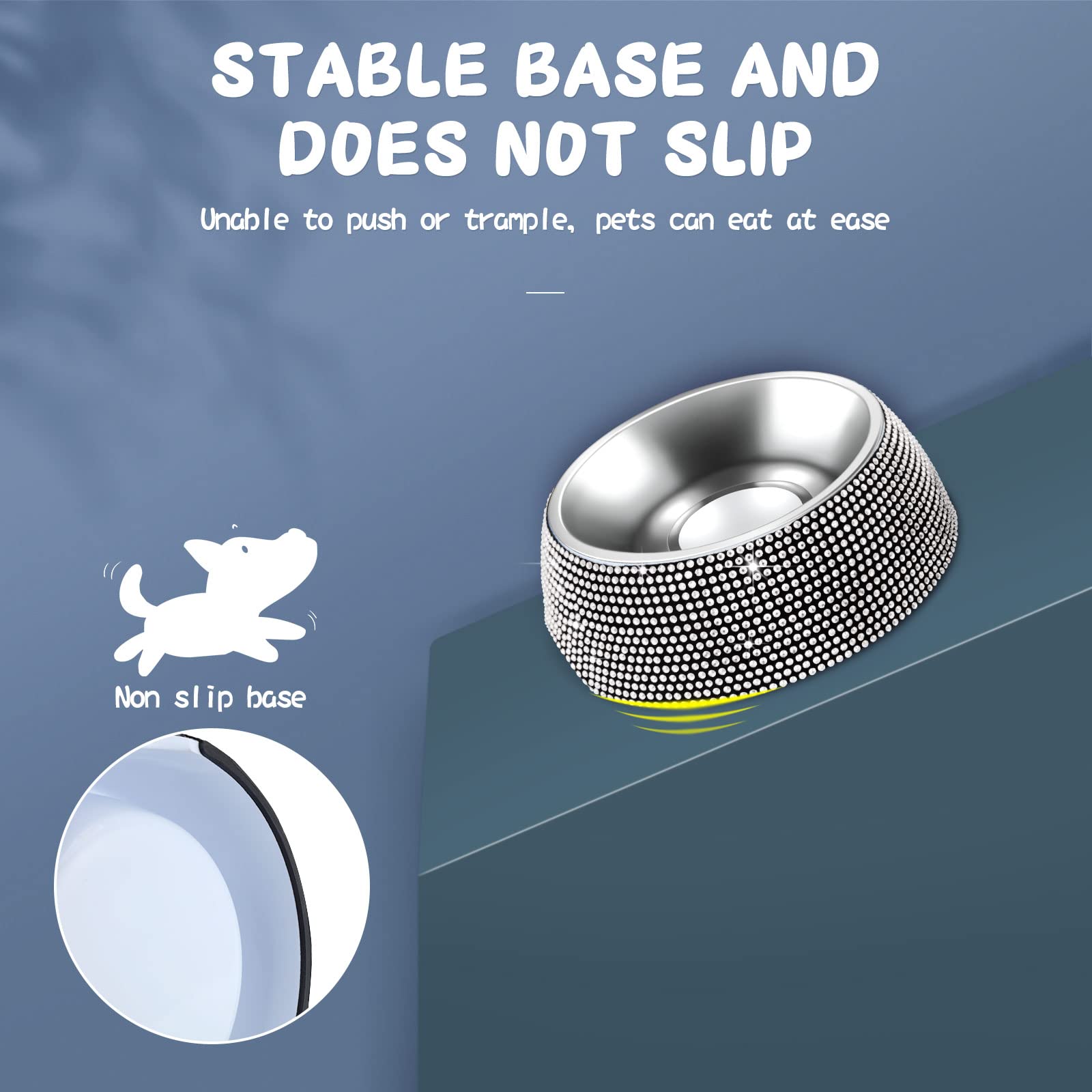 Sparkling Rhinestone Stainless Steel Dog Bowls - Non-Slip Rubber Base Pet Food & Water Feeder for Puppies, Cats & Dogs (320ML, 1-Pack, White) - Perfect for Home, Travel & Outdoor Use