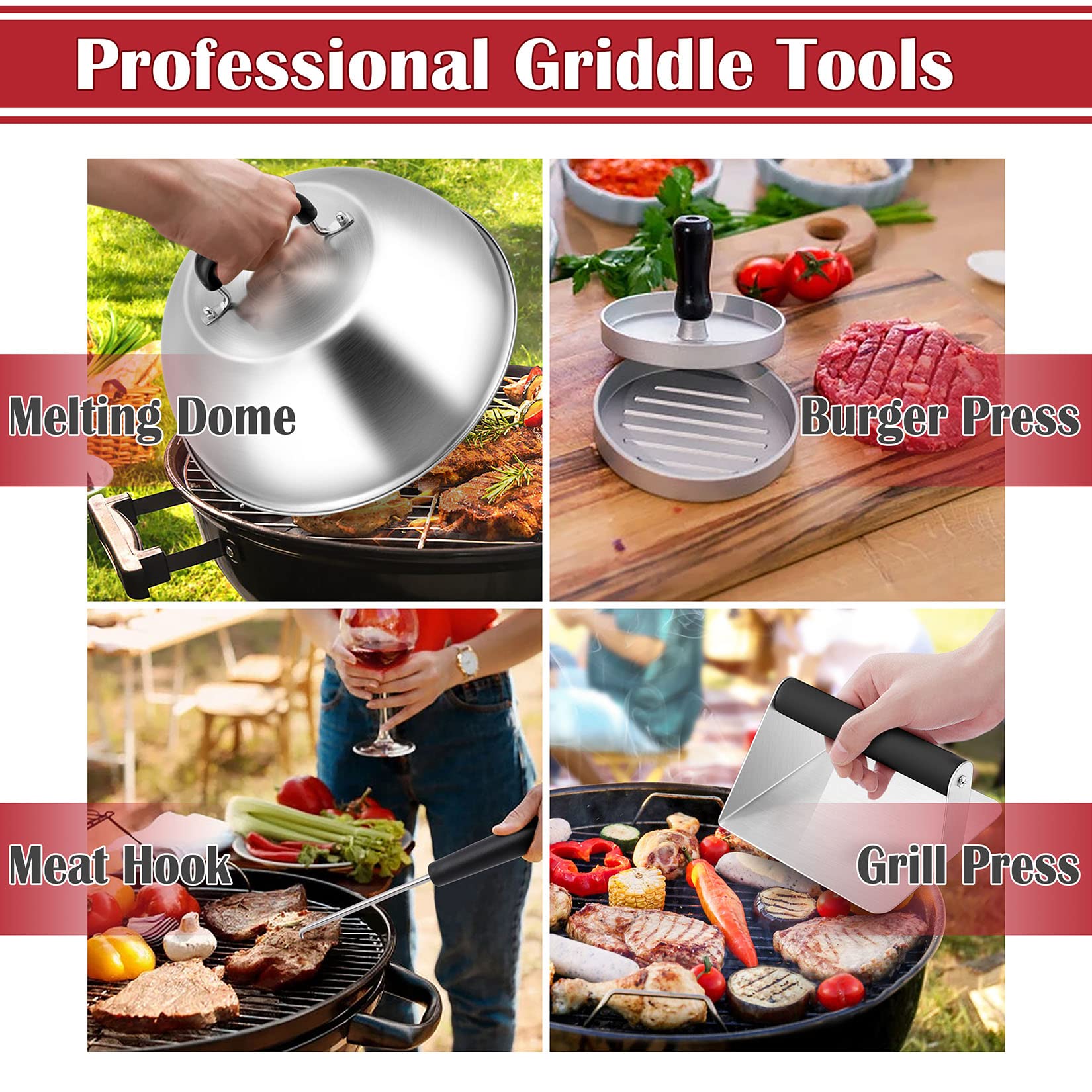 Joyfair 30Pcs Premium Griddle Accessories Kit - Stainless Steel BBQ Flattop Grill Tools Set with Melting Dome, Basting Cover, Burger Press & Turner Spatula for Outdoor Camping, Teppanyaki & Backyard Grilling | Perfect for Tailgating, Picnics & Home BBQ Parties