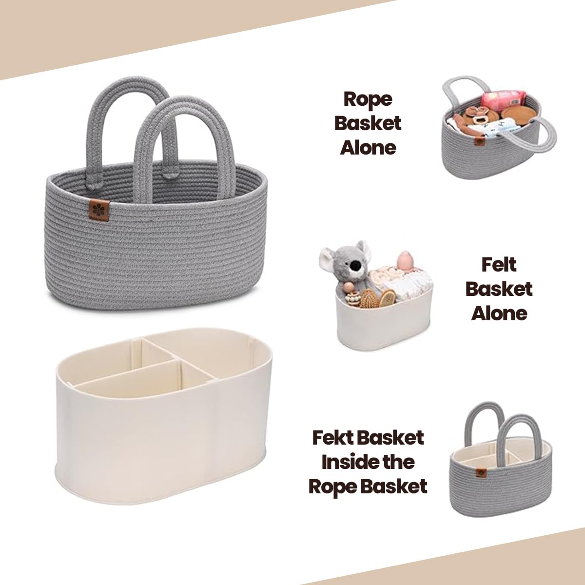 Zaakash Gray Baby Diaper Caddy Organizer - Portable Diaper Storage for Nursery, Changing Table & Car - Multi-Purpose Baby Gift Basket for New Parents (Perfect for Diapers, Wipes & Baby Essentials)